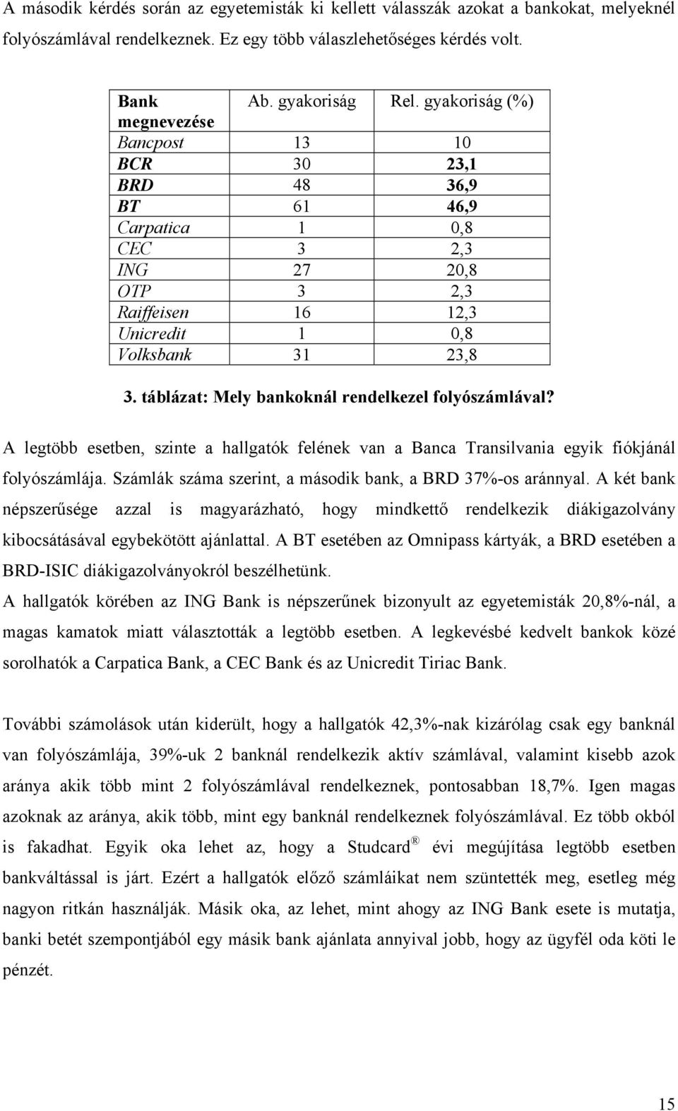 táblázat: Mely bankoknál rendelkezel folyószámlával? A legtöbb esetben, szinte a hallgatók felének van a Banca Transilvania egyik fiókjánál folyószámlája.