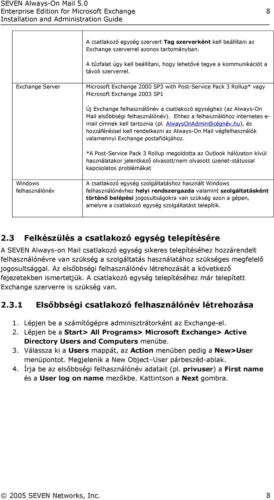 Exchange Server Microsoft Exchange 2000 SP3 with Post-Service Pack 3 Rollup* vagy Microsoft Exchange 2003 SP1 Új Exchange felhasználónév a csatlakozó egységhez (az Always-On Mail elsőbbségi