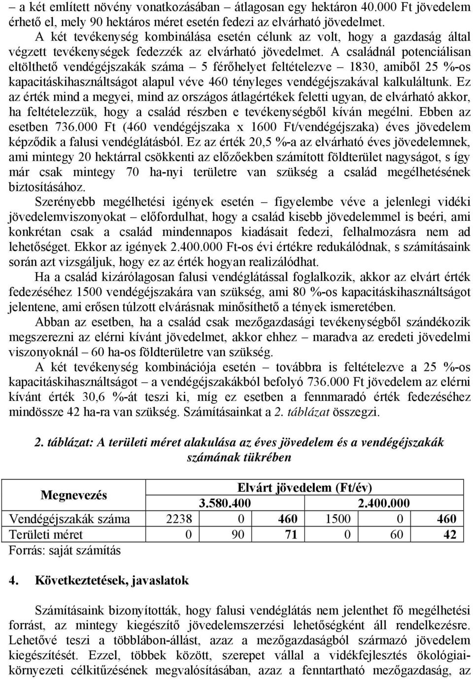 A családnál potenciálisan eltölthető vendégéjszakák száma 5 férőhelyet feltételezve 1830, amiből 25 %-os kapacitáskihasználtságot alapul véve 460 tényleges vendégéjszakával kalkuláltunk.