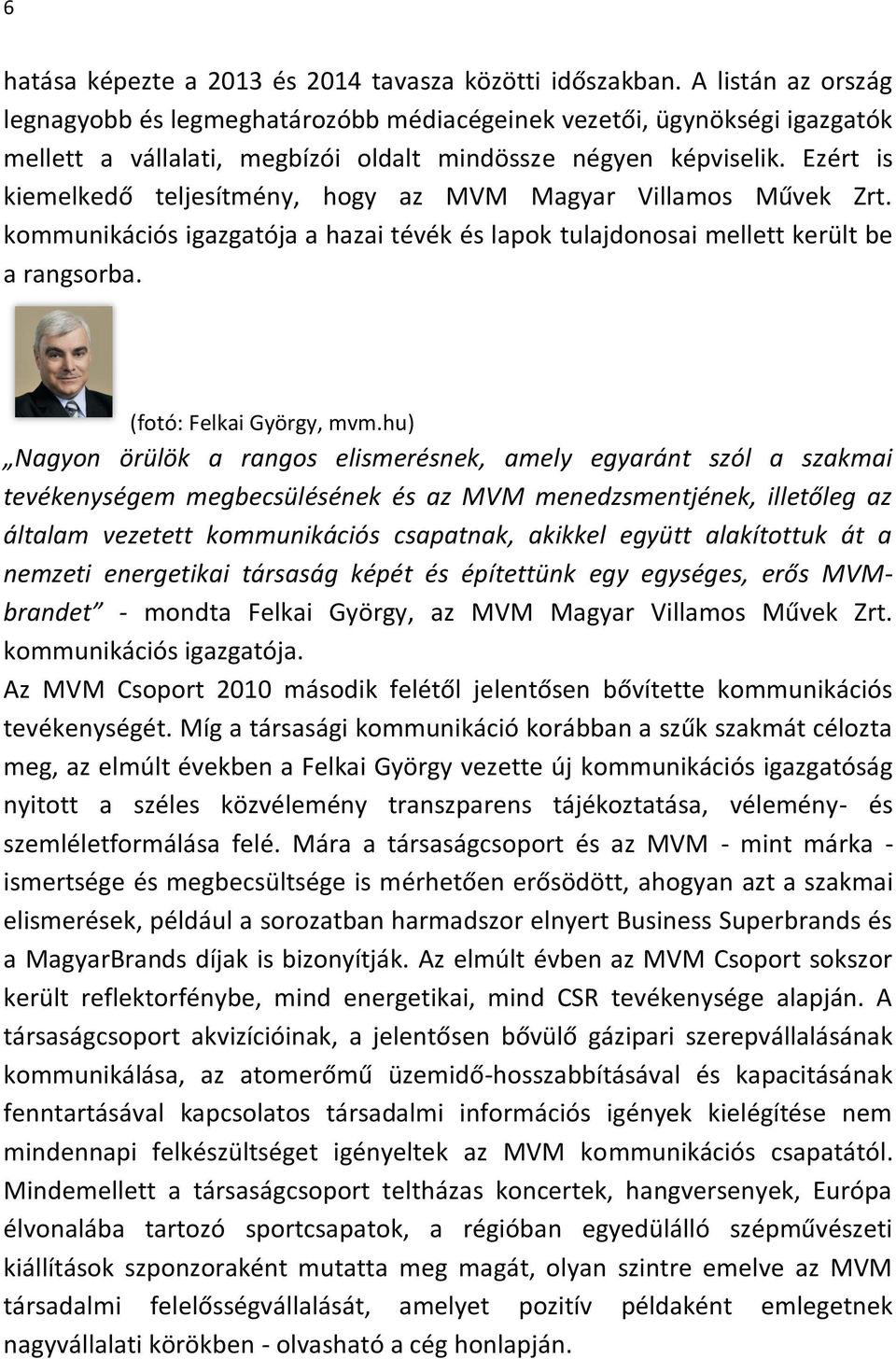 Ezért is kiemelkedő teljesítmény, hogy az MVM Magyar Villamos Művek Zrt. kommunikációs igazgatója a hazai tévék és lapok tulajdonosai mellett került be a rangsorba. (fotó: Felkai György, mvm.