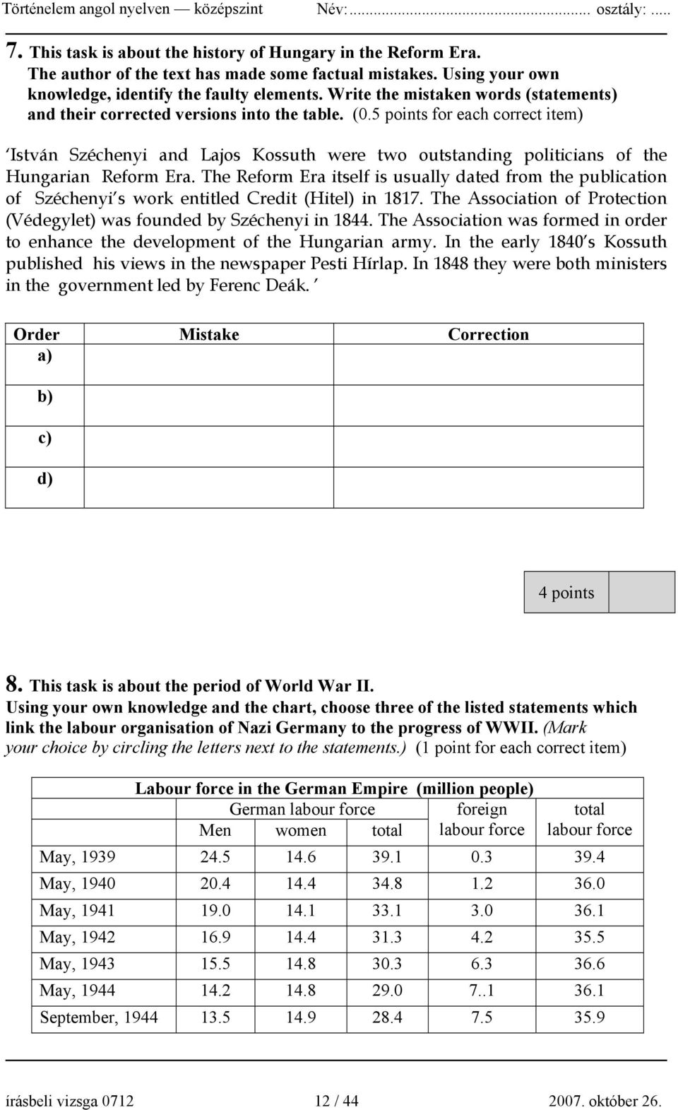 5 points for each correct item) István Széchenyi and Lajos Kossuth were two outstanding politicians of the Hungarian Reform Era.