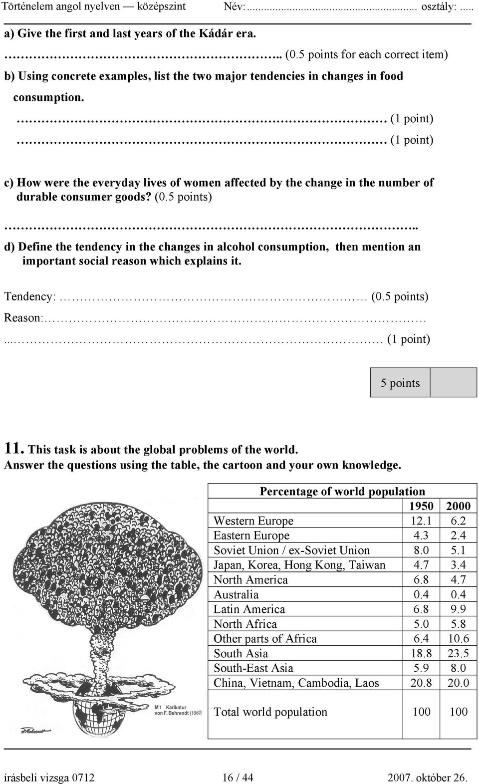 . d) Define the tendency in the changes in alcohol consumption, then mention an important social reason which explains it. Tendency: (0.5 points) Reason:... (1 point) 5 points 11.