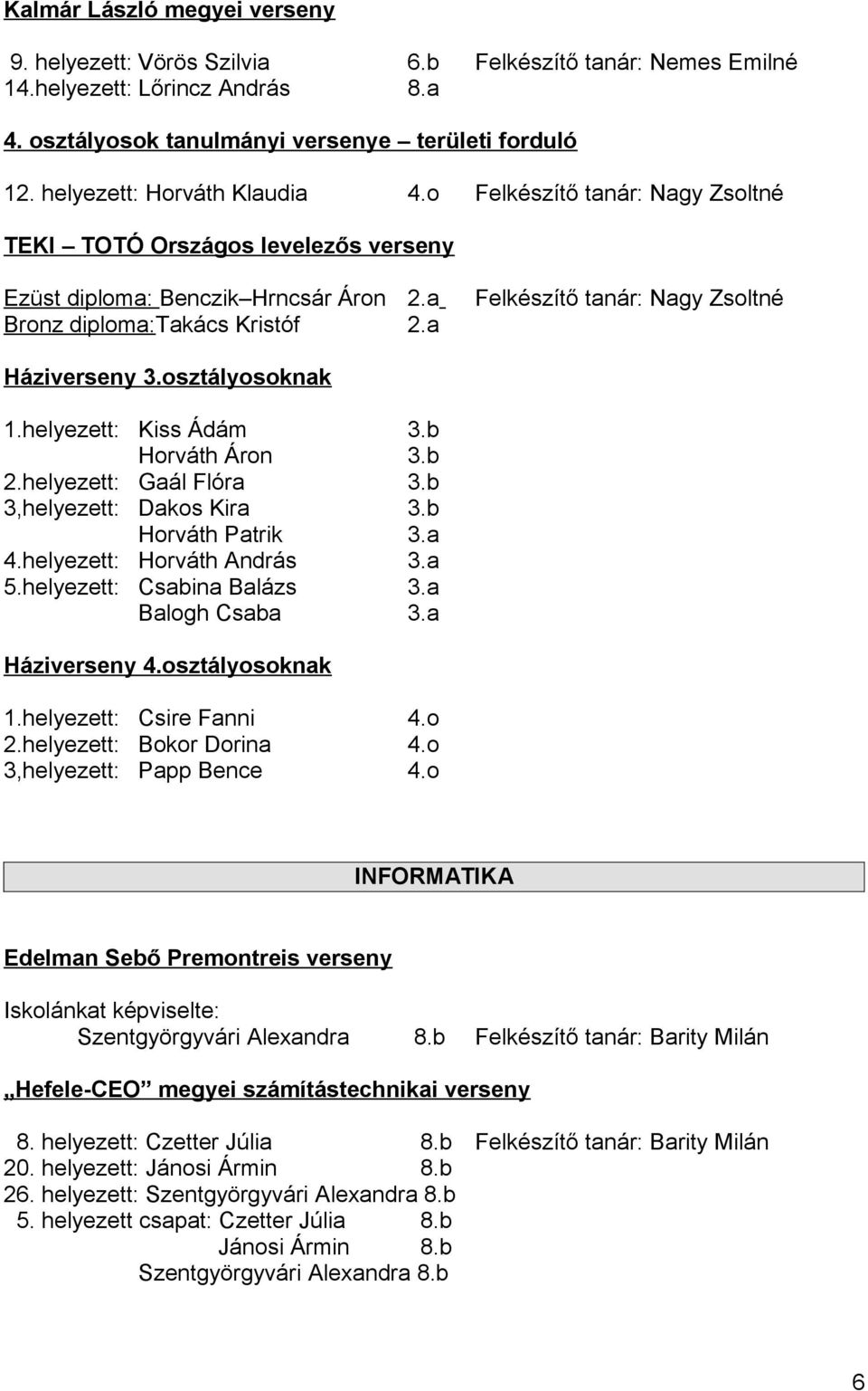 a Felkészítő tanár: Nagy Zsoltné Bronz diploma:takács Kristóf 2.a Háziverseny 3.osztályosoknak 1.helyezett: Kiss Ádám 3.b Horváth Áron 3.b 2.helyezett: Gaál Flóra 3.b 3,helyezett: Dakos Kira 3.