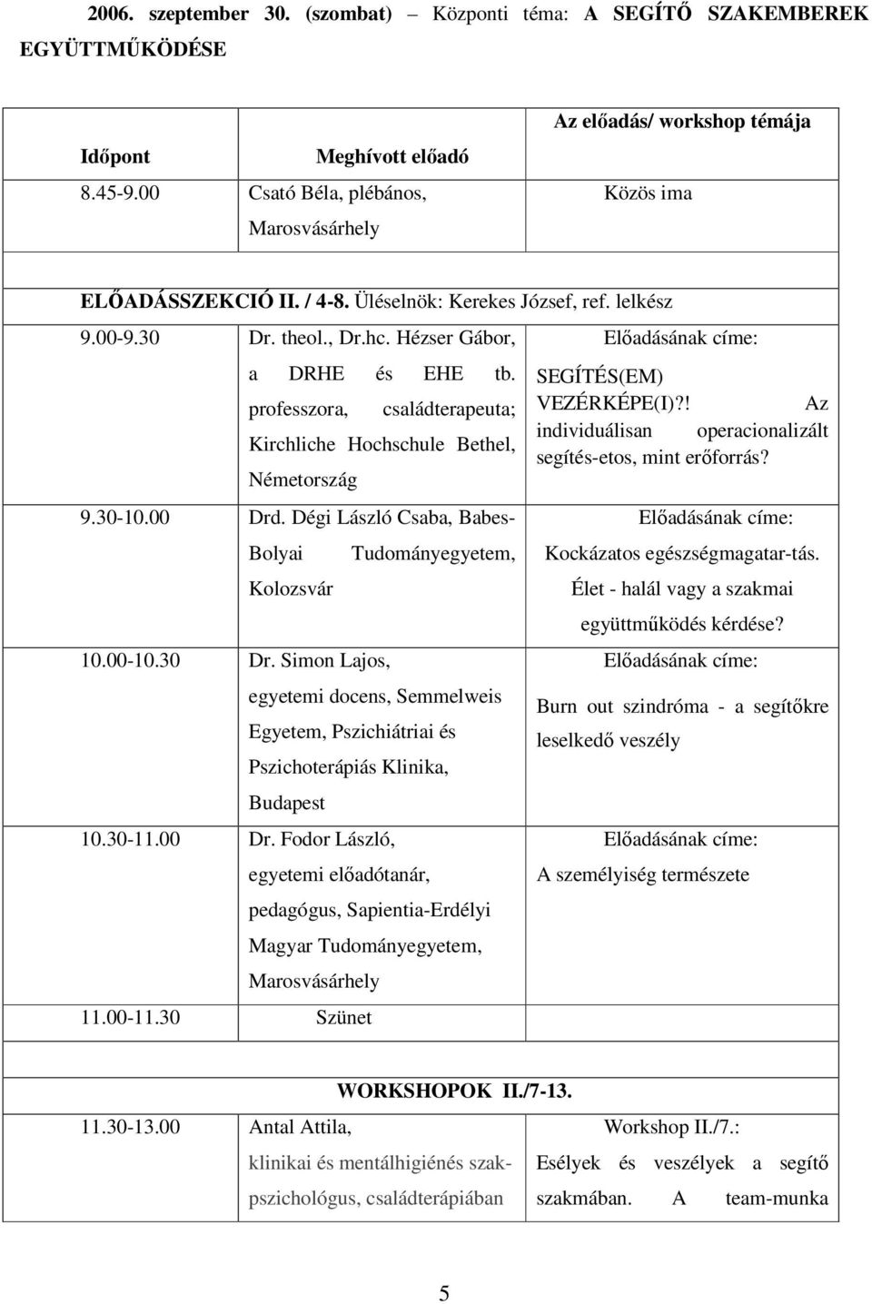 ! Az Kirchliche Hochschule Bethel, individuálisan operacionalizált segítés-etos, mint erıforrás? Németország 9.30-10.00 Drd.