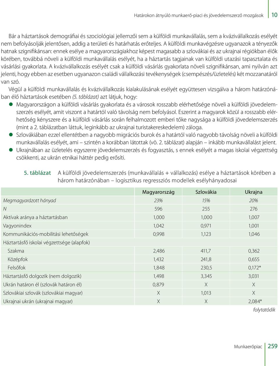 A külföldi munkavégzésre ugyanazok a tényezők hatnak szignifikánsan: ennek esélye a magyarországiakhoz képest magasabb a szlovákiai és az ukrajnai régiókban élők körében, továbbá növeli a külföldi