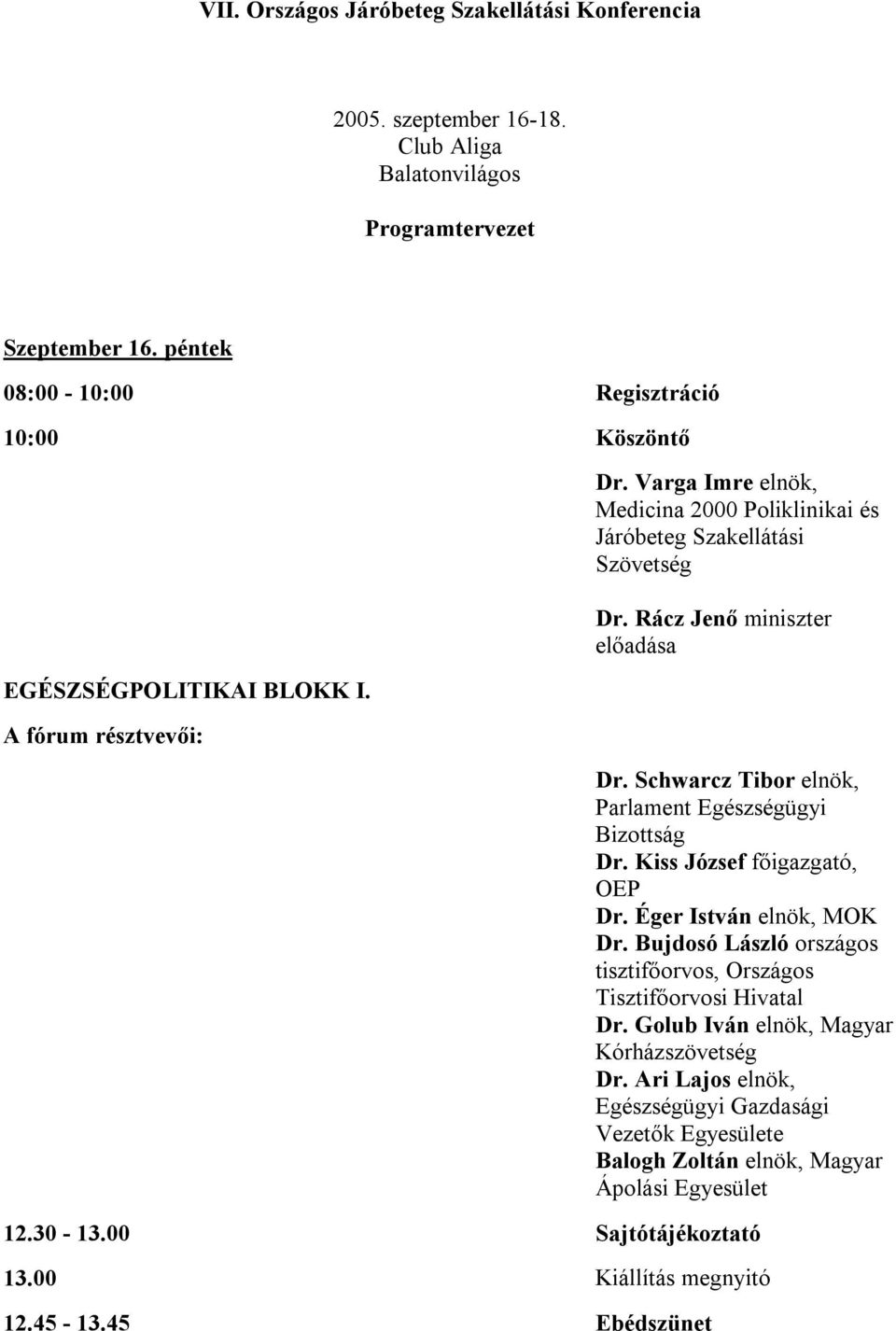 Rácz Jenő miniszter előadása Dr. Schwarcz Tibor elnök, Parlament Egészségügyi Bizottság Dr. Kiss József főigazgató, OEP Dr. Éger István elnök, MOK Dr.