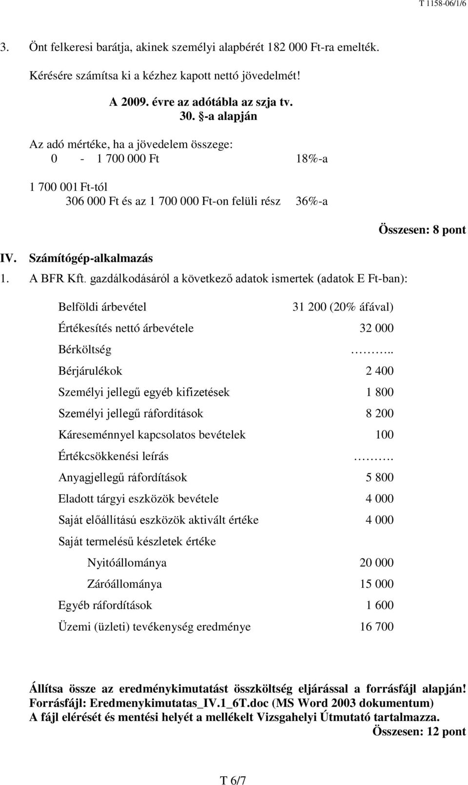 gazdálkodásáról a következő adatok ismertek (adatok E Ft-ban): Belföldi árbevétel 31 200 (20% áfával) Értékesítés nettó árbevétele 32 000 Bérköltség.