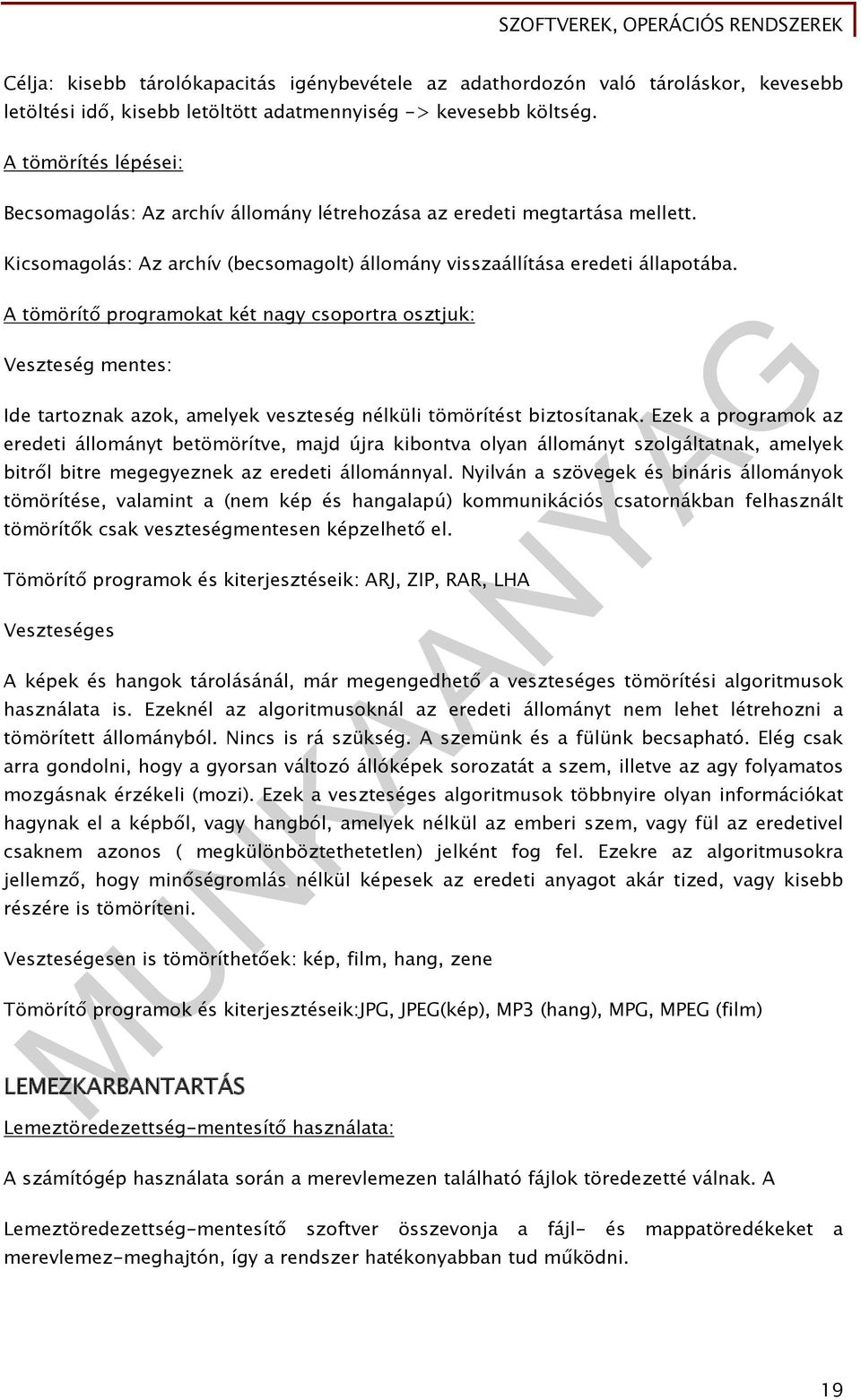 A tömörítő programokat két nagy csoportra osztjuk: Veszteség mentes: Ide tartoznak azok, amelyek veszteség nélküli tömörítést biztosítanak.