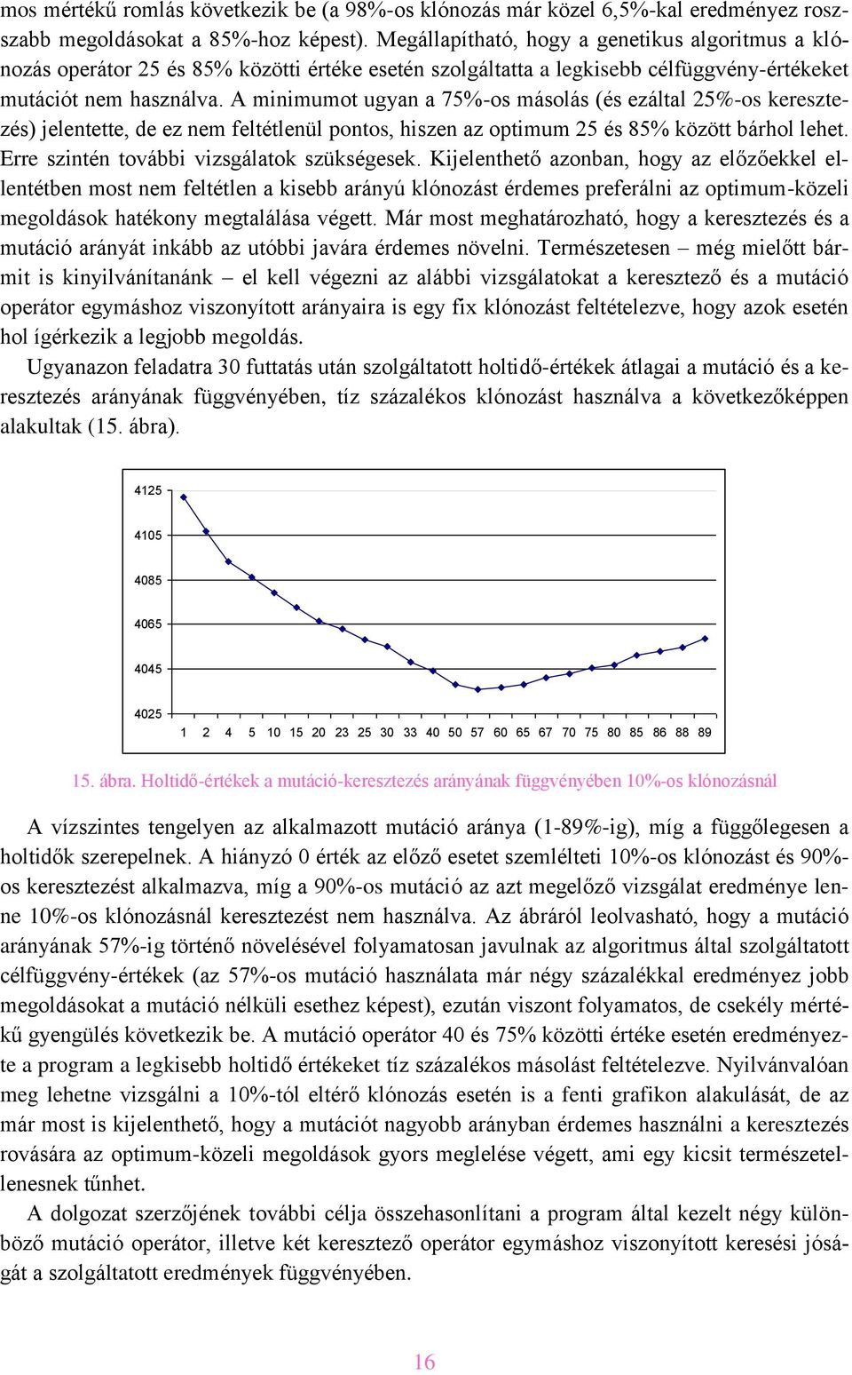 A minimumot ugyan a 75%-os másolás (és ezáltal 25%-os keresztezés) jelentette, de ez nem feltétlenül pontos, hiszen az optimum 25 és 85% között bárhol lehet.