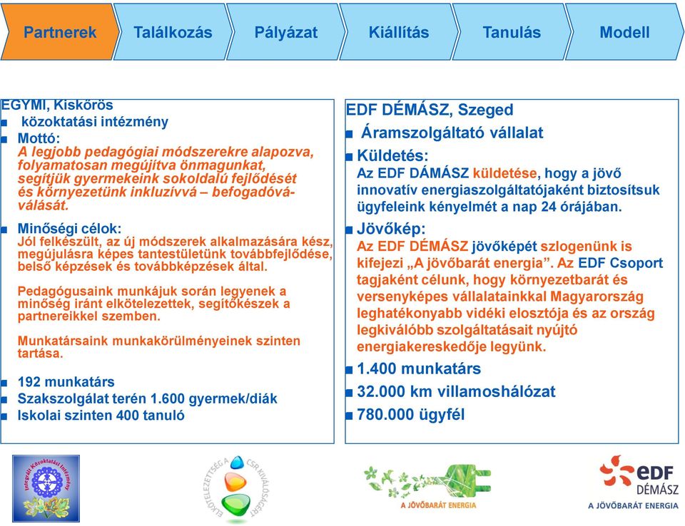 Minőségi célok: Jól felkészült, az új módszerek alkalmazására kész, megújulásra képes tantestületünk továbbfejlődése, belső képzések és továbbképzések által.