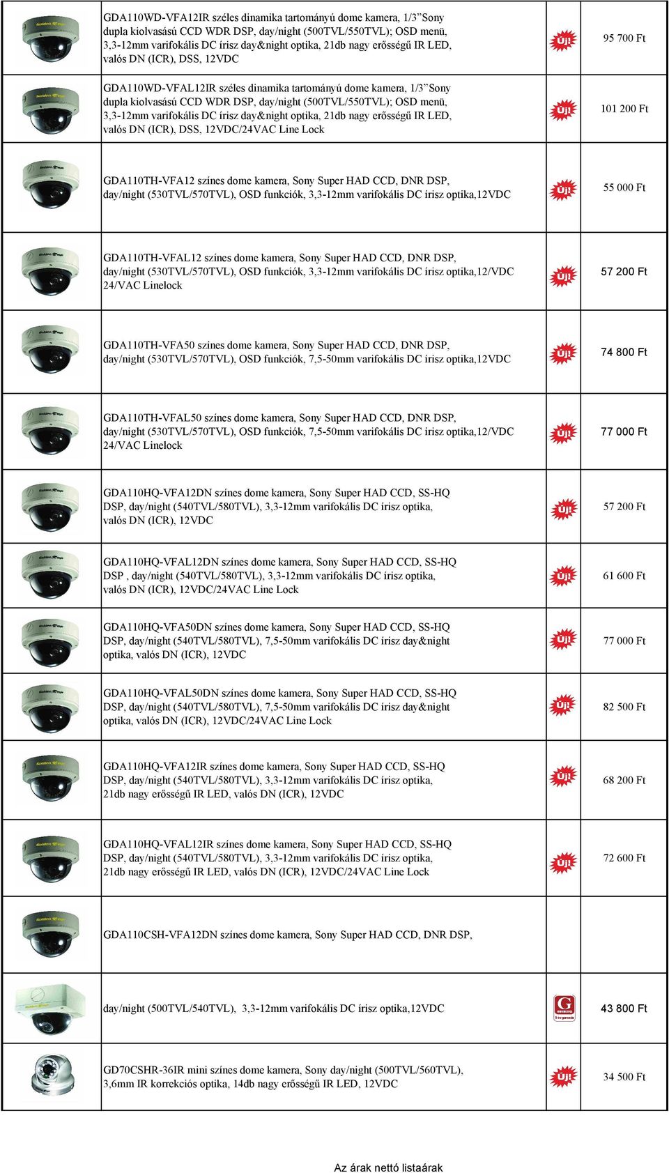 day&night optika, 21db nagy erősségű IR LED, valós DN (ICR), DSS, 12VDC/24VAC Line Lock 95 700 Ft 101 200 Ft GDA110TH-VFA12 színes dome kamera, Sony Super HAD CCD, DNR DSP, day/night (530TVL/570TVL),