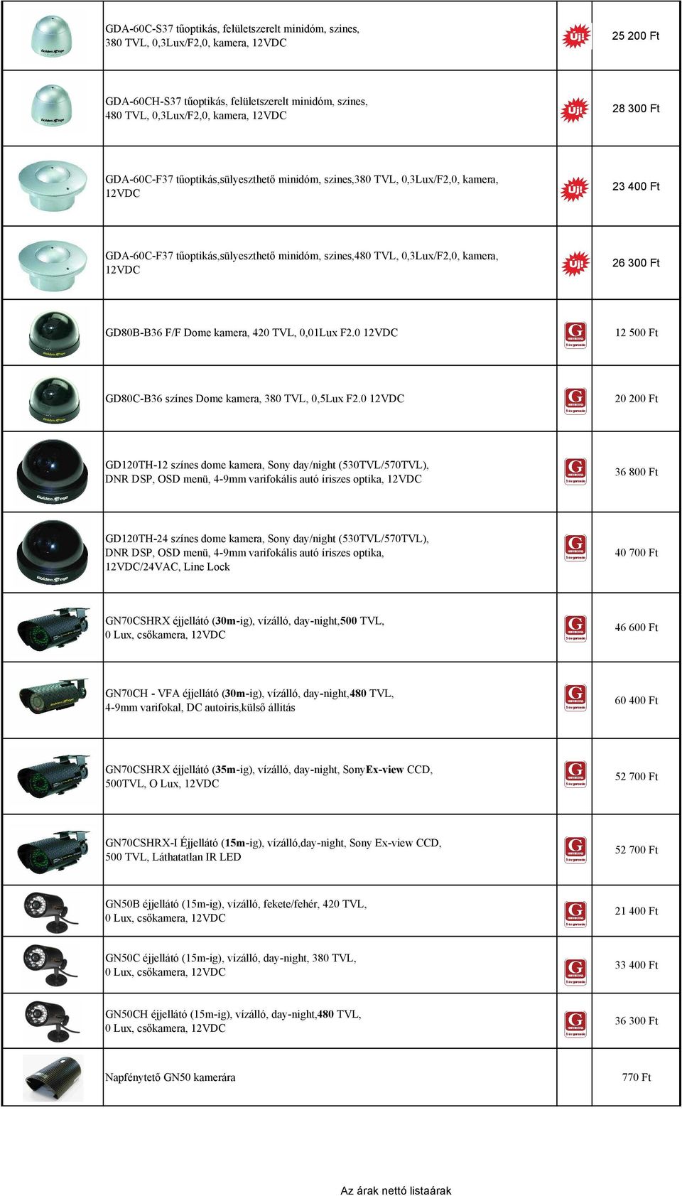 GD80B-B36 F/F Dome kamera, 420 TVL, 0,01Lux F2.0 12VDC 12 500 Ft GD80C-B36 színes Dome kamera, 380 TVL, 0,5Lux F2.