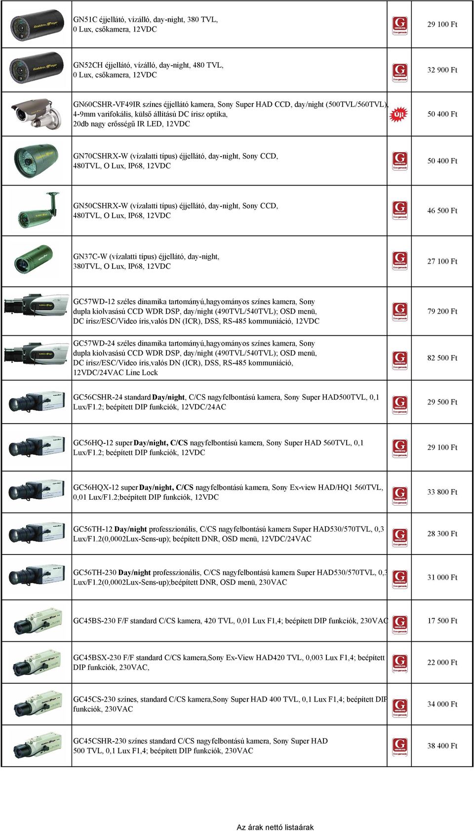 day-night, Sony CCD, 480TVL, O Lux, IP68, 12VDC 50 400 Ft GN50CSHRX-W (vízalatti típus) éjjellátó, day-night, Sony CCD, 480TVL, O Lux, IP68, 12VDC 46 500 Ft GN37C-W (vízalatti típus) éjjellátó,