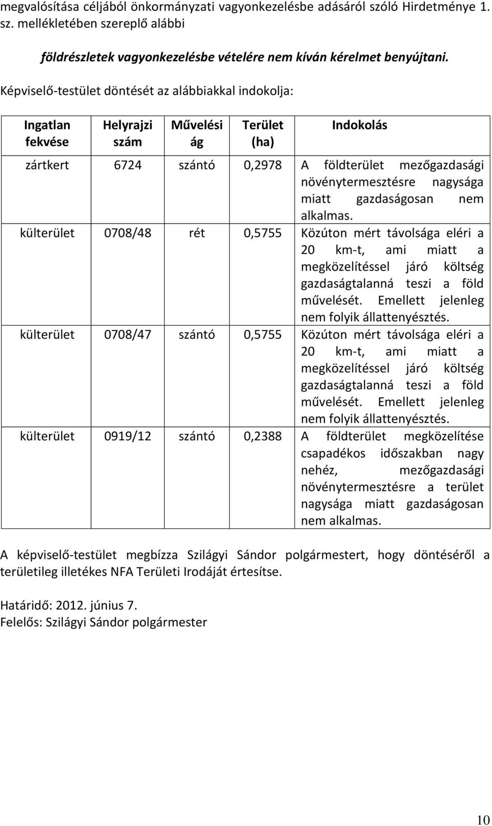 nagysága miatt gazdaságosan nem alkalmas. külterület 0708/48 rét 0,5755 Közúton mért távolsága eléri a 20 km-t, ami miatt a megközelítéssel járó költség gazdaságtalanná teszi a föld művelését.