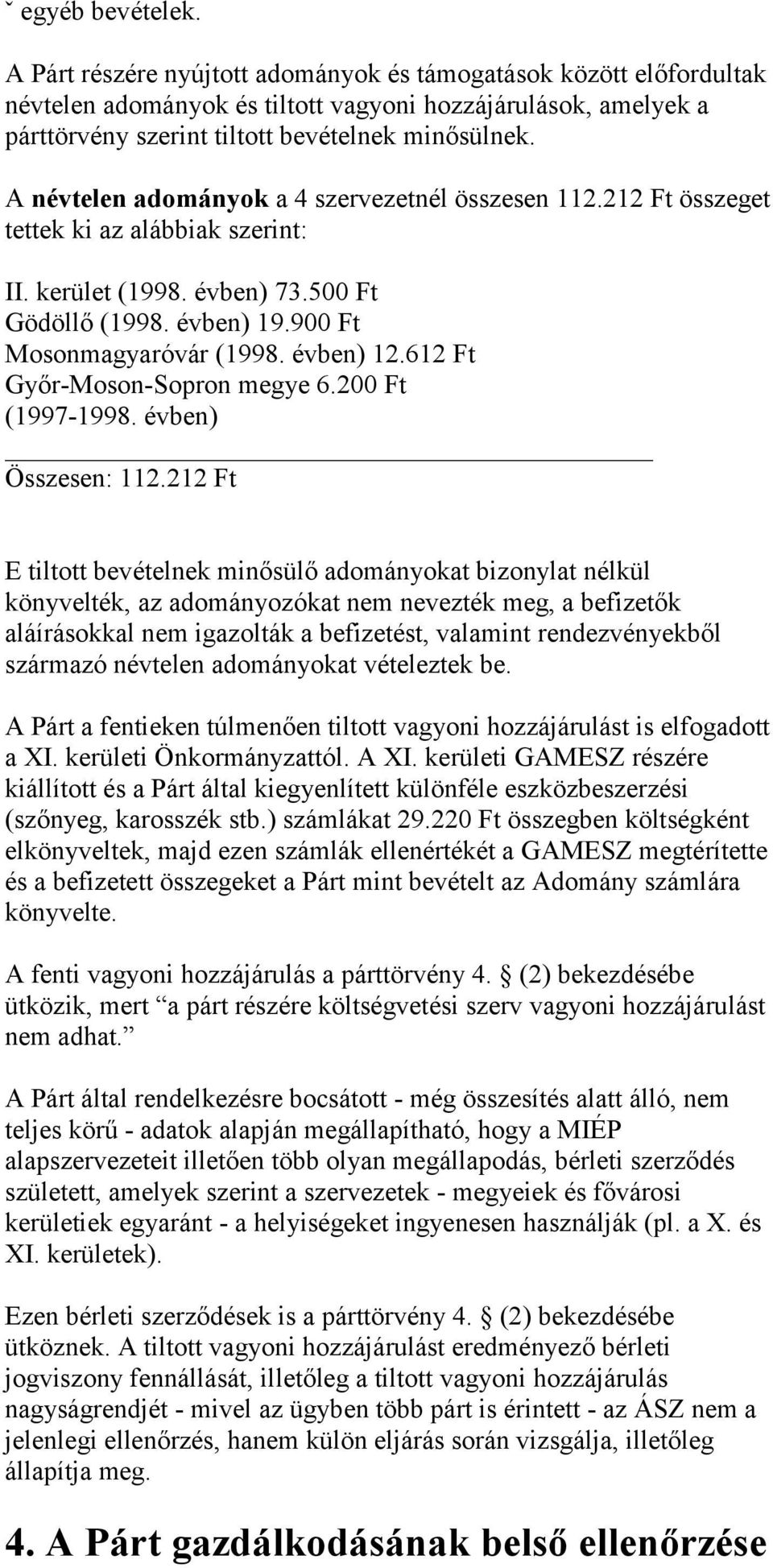 A névtelen adományok a 4 szervezetnél összesen 112.212 Ft összeget tettek ki az alábbiak szerint: II. kerület (1998. évben) 73.500 Ft Gödöllő (1998. évben) 19.900 Ft Mosonmagyaróvár (1998. évben) 12.