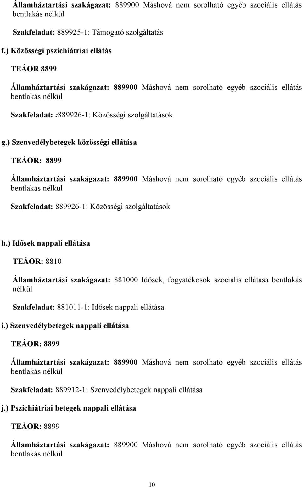 ) Szenvedélybetegek közösségi ellátása TEÁOR: 8899 Államháztartási szakágazat: 889900 Máshová nem sorolható egyéb szociális ellátás bentlakás nélkül Szakfeladat: 889926-1: Közösségi szolgáltatások h.