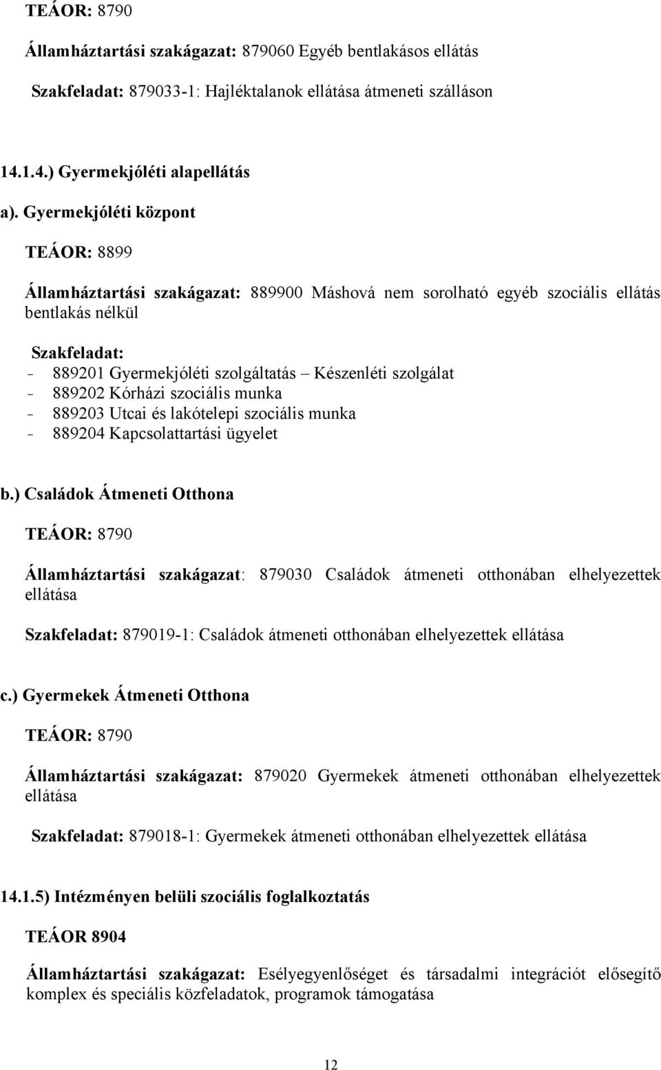 szolgálat - 889202 Kórházi szociális munka - 889203 Utcai és lakótelepi szociális munka - 889204 Kapcsolattartási ügyelet b.