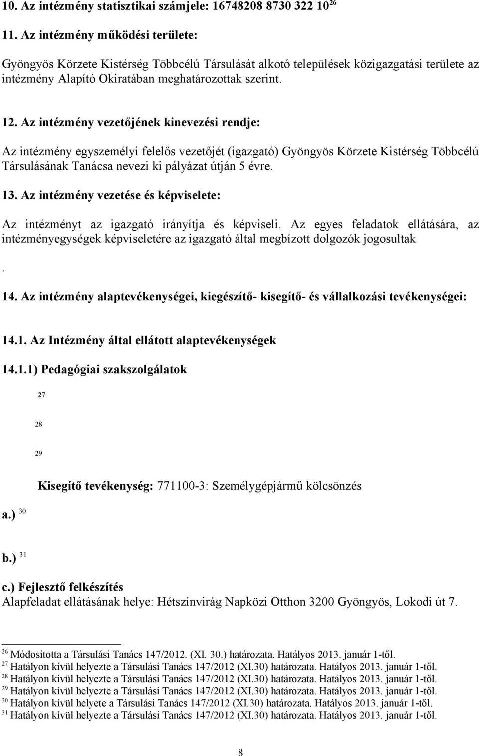 Az intézmény vezetőjének kinevezési rendje: Az intézmény egyszemélyi felelős vezetőjét (igazgató) Gyöngyös Körzete Kistérség Többcélú Társulásának Tanácsa nevezi ki pályázat útján 5 évre. 13.