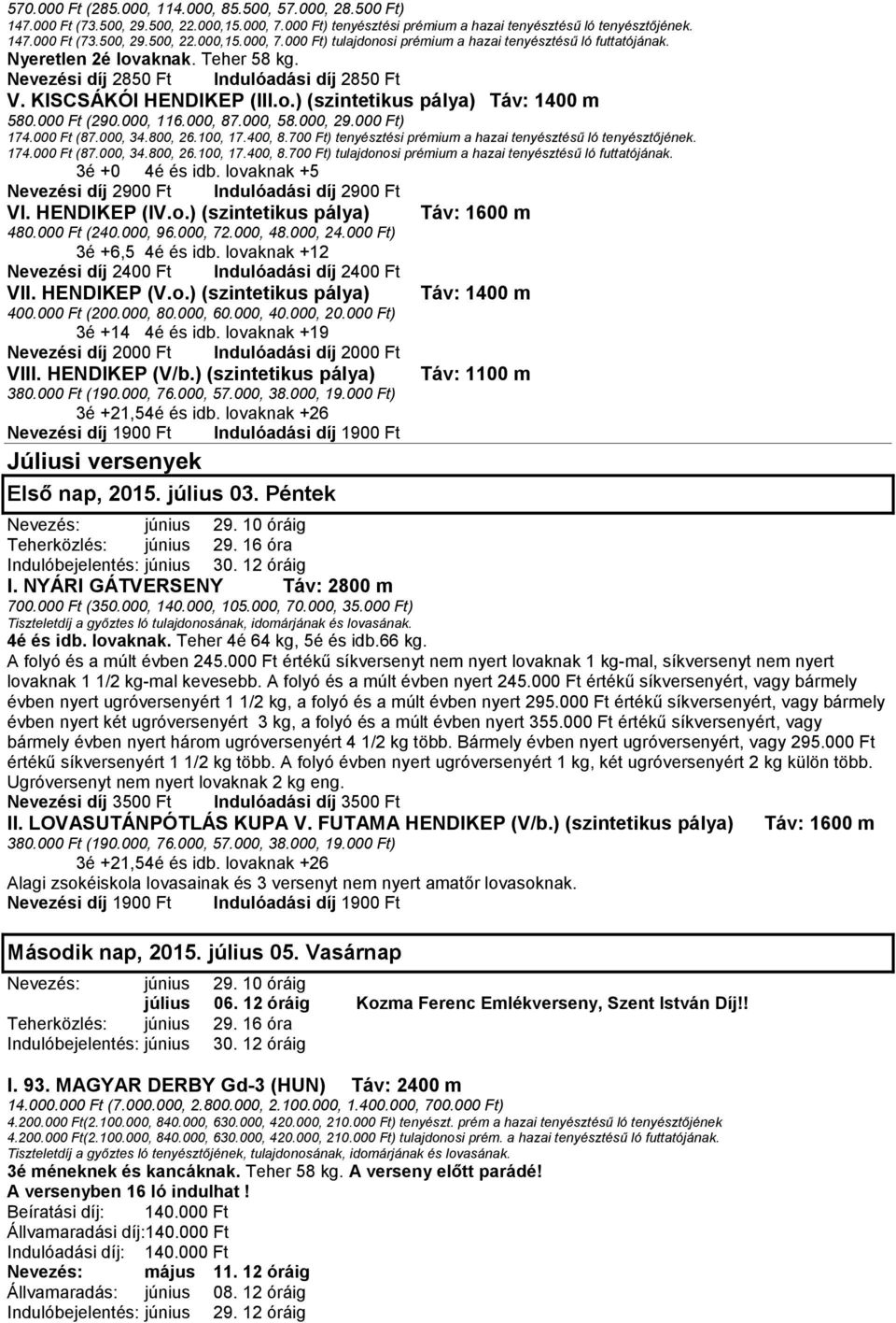 lovaknak +26 Júliusi versenyek Első nap, 2015. július 03. Péntek Nevezés: június 29. 10 óráig Teherközlés: június 29. 16 óra Indulóbejelentés: június 30. 12 óráig I.