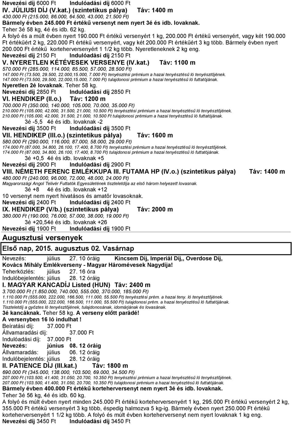 000 Ft értékűért 3 kg több. Bármely évben nyert 200.000 Ft értékű korteherversenyért 1 1/2 kg több. Nyeretleneknek 2 V. NYERETLEN KÉTÉVESEK VERSENYE (IV.kat.) Táv: 1100 m Nyeretlen 2é lovaknak.