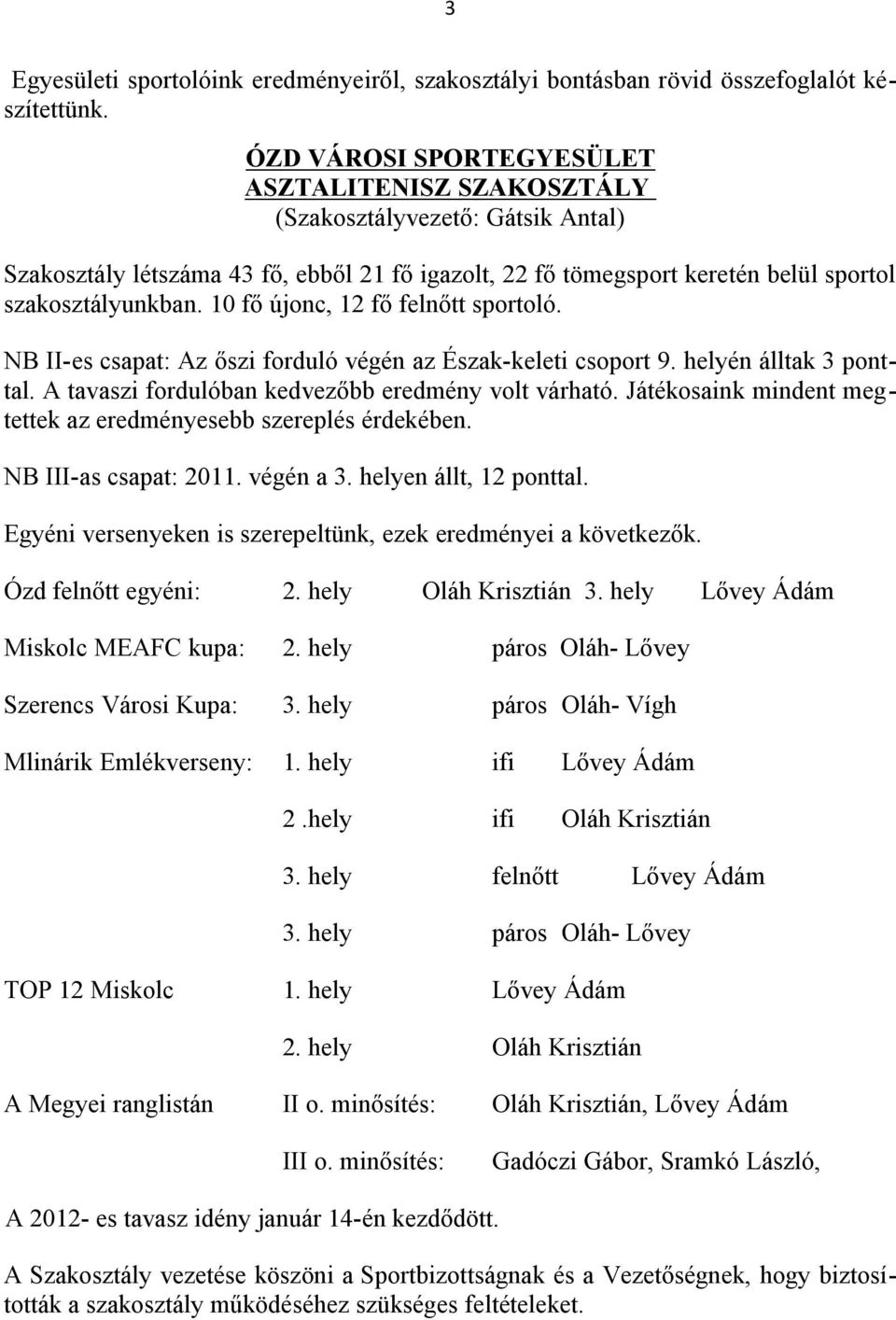 10 fő újonc, 12 fő felnőtt sportoló. NB II-es csapat: Az őszi forduló végén az Észak-keleti csoport 9. helyén álltak 3 ponttal. A tavaszi fordulóban kedvezőbb eredmény volt várható.