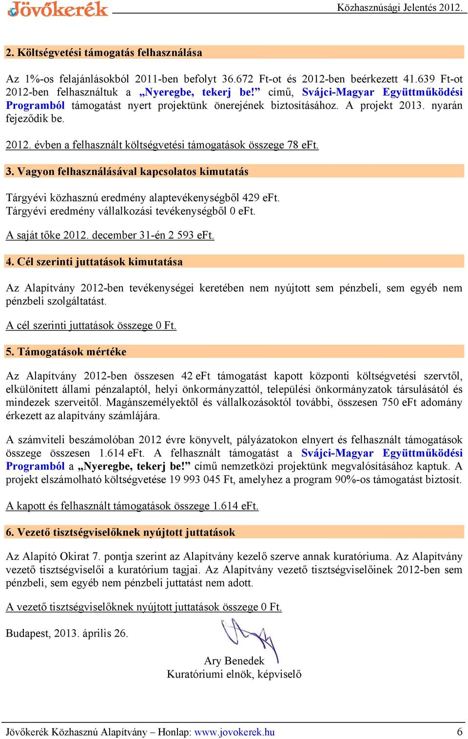 évben a felhasznált költségvetési támogatások összege 78 eft. 3. Vagyon felhasználásával kapcsolatos kimutatás Tárgyévi közhasznú eredmény alaptevékenységből 429 eft.