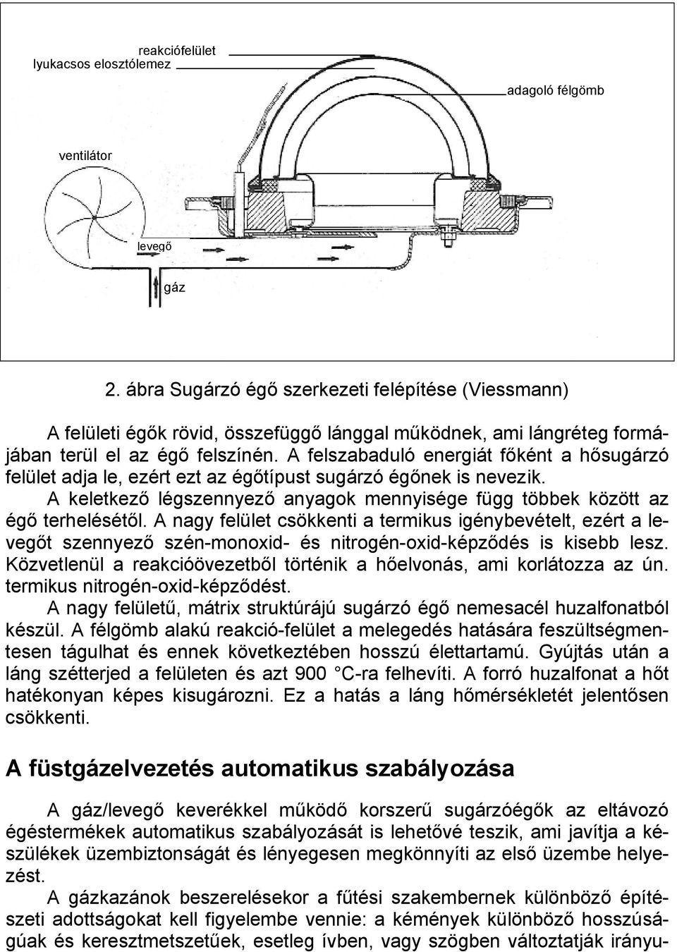 A felszabaduló energiát főként a hősugárzó felület adja le, ezért ezt az égőtípust sugárzó égőnek is nevezik. A keletkező légszennyező anyagok mennyisége függ többek között az égő terhelésétől.