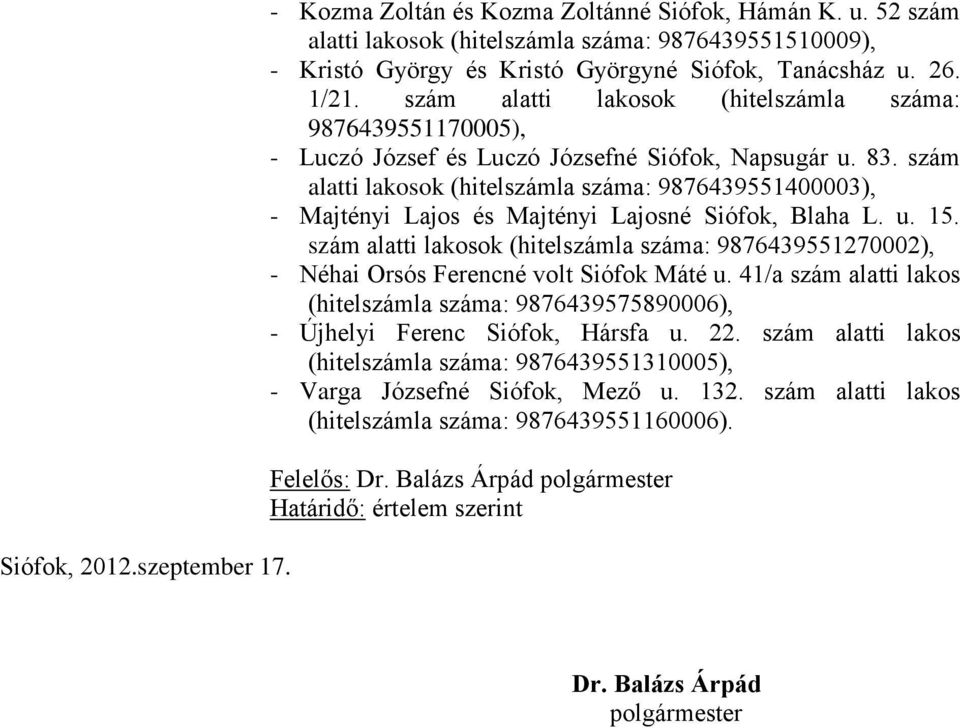 szám alatti lakosok (hitelszámla száma: 9876439551400003), - Majtényi Lajos és Majtényi Lajosné Siófok, Blaha L. u. 15.