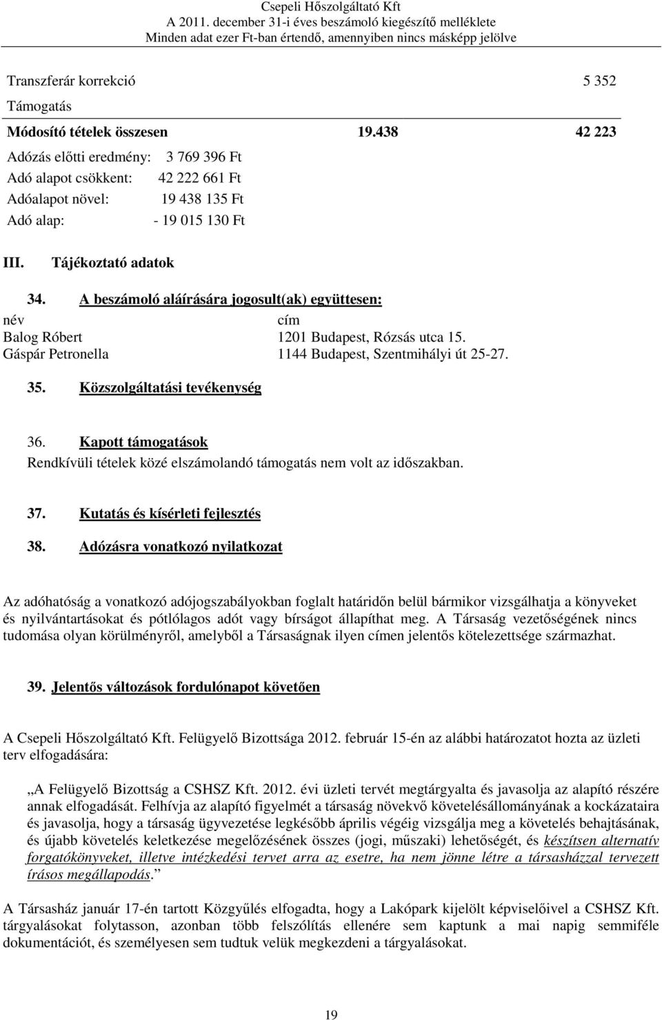 A beszámoló aláírására jogosult(ak) együttesen: név cím Balog Róbert 1201 Budapest, Rózsás utca 15. Gáspár Petronella 1144 Budapest, Szentmihályi út 25-27. 35. Közszolgáltatási tevékenység 36.