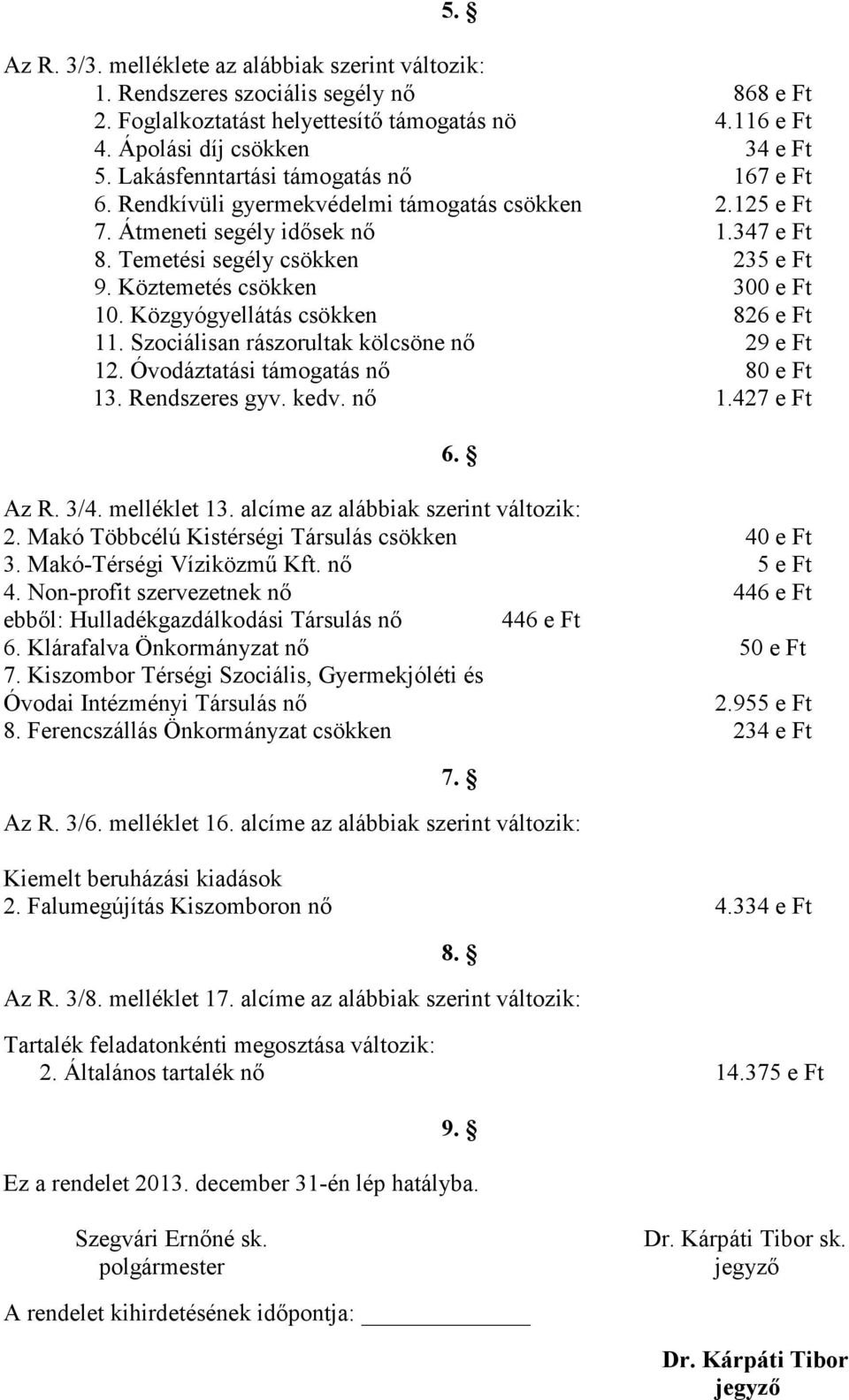 Köztemetés csökken 300 e Ft 10. Közgyógyellátás csökken 826 e Ft 11. Szociálisan rászorultak kölcsöne nő 29 e Ft 12. Óvodáztatási támogatás nő 80 e Ft 13. Rendszeres gyv. kedv. nő 1.427 e Ft Az R.