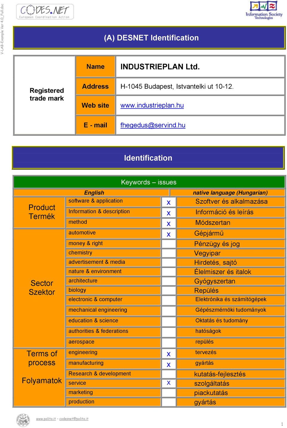 hu Identification Product Termék Sector Szektor Terms of process Folyamatok Keywords issues English native language (Hungarian) software & application Szoftver és alkalmazása Information &