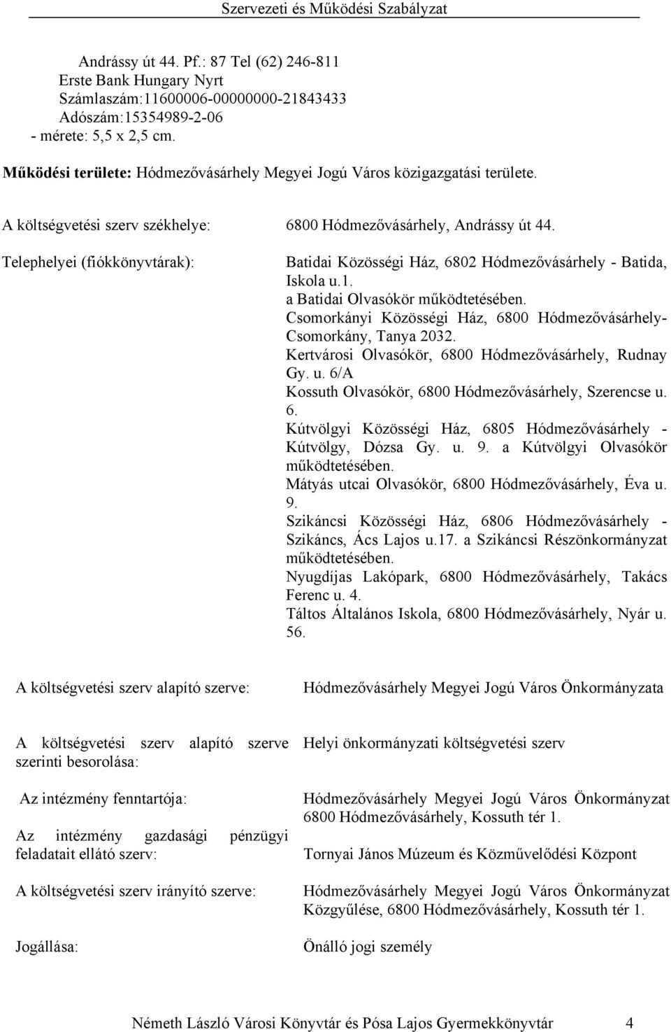 Batidai Közösségi Ház, 6802 Hódmezővásárhely - Batida, Iskola u.1. a Batidai Olvasókör működtetésében. Csomorkányi Közösségi Ház, 6800 Hódmezővásárhely- Csomorkány, Tanya 2032.