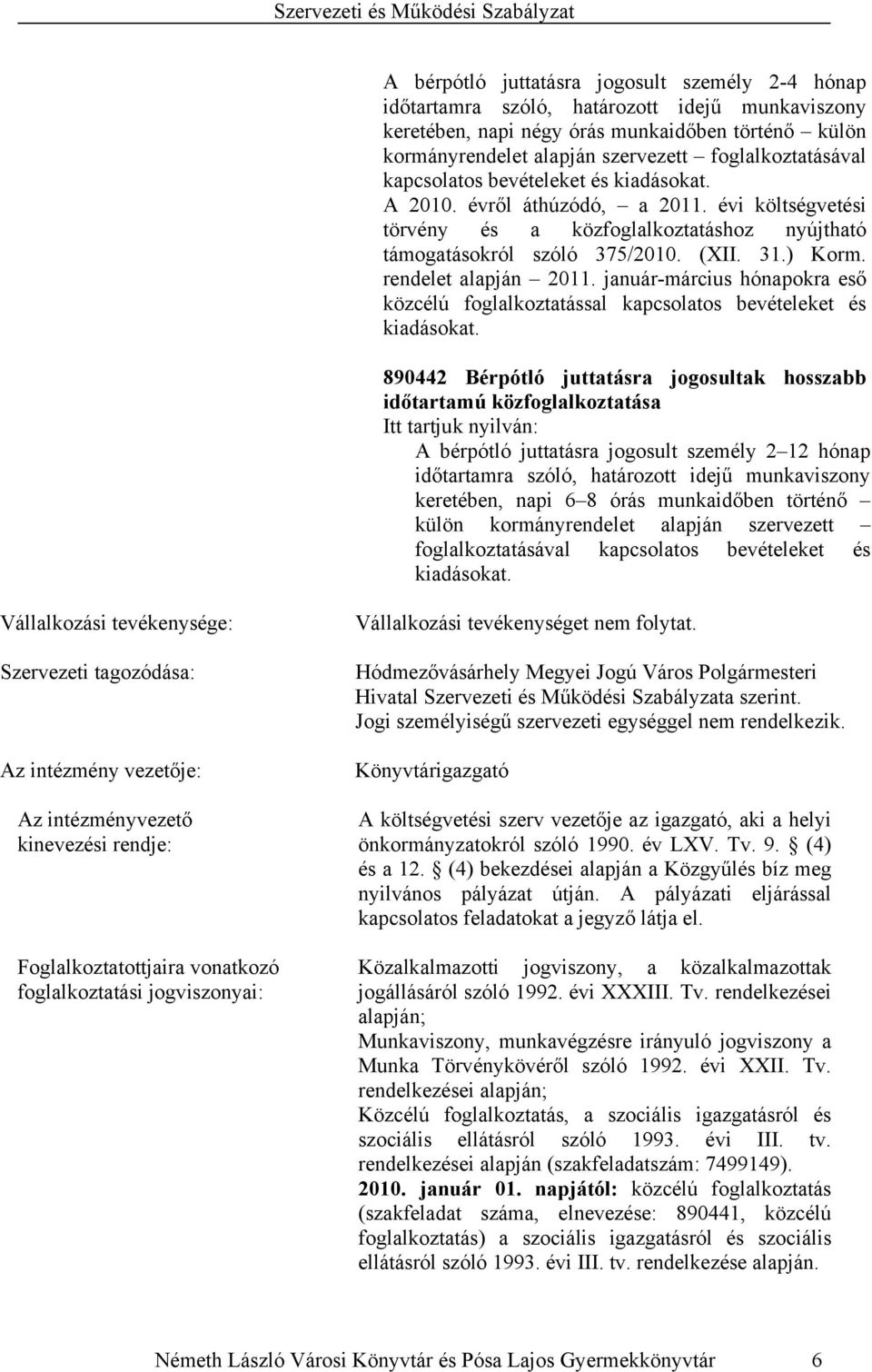 rendelet alapján 2011. január-március hónapokra eső közcélú foglalkoztatással kapcsolatos bevételeket és kiadásokat.