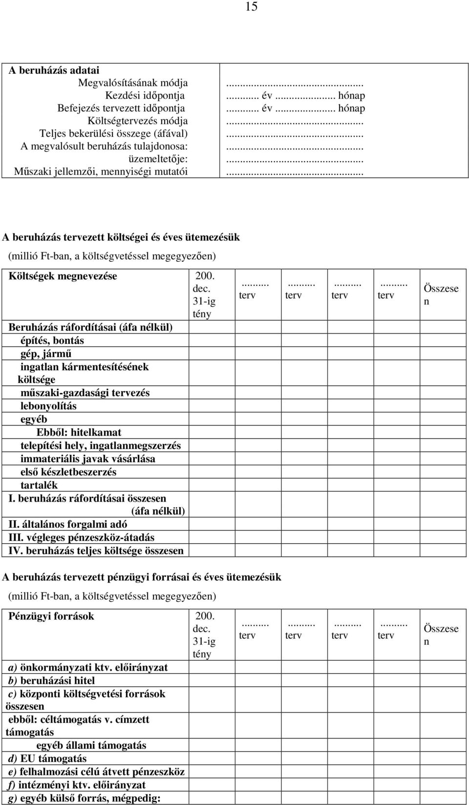 . hóap Költségezés módja Teljes bekerülési összege (áfával) A megvalósult beruházás tulajdoosa: üzemeltetője: Műszaki jellemzői, meyiségi mutatói A beruházás ezett költségei és éves ütemezésük