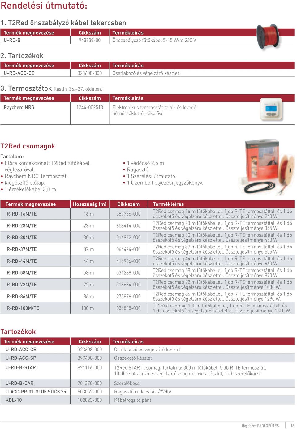 ) Termék megnevezése Cikkszám Termékleírás Raychem NRG 1244-002513 Elektronikus termosztát talaj- és levegő hőmérséklet-érzékelőve T2Red csomagok Tartalom: Előre konfekcionált T2Red fűtőkábel