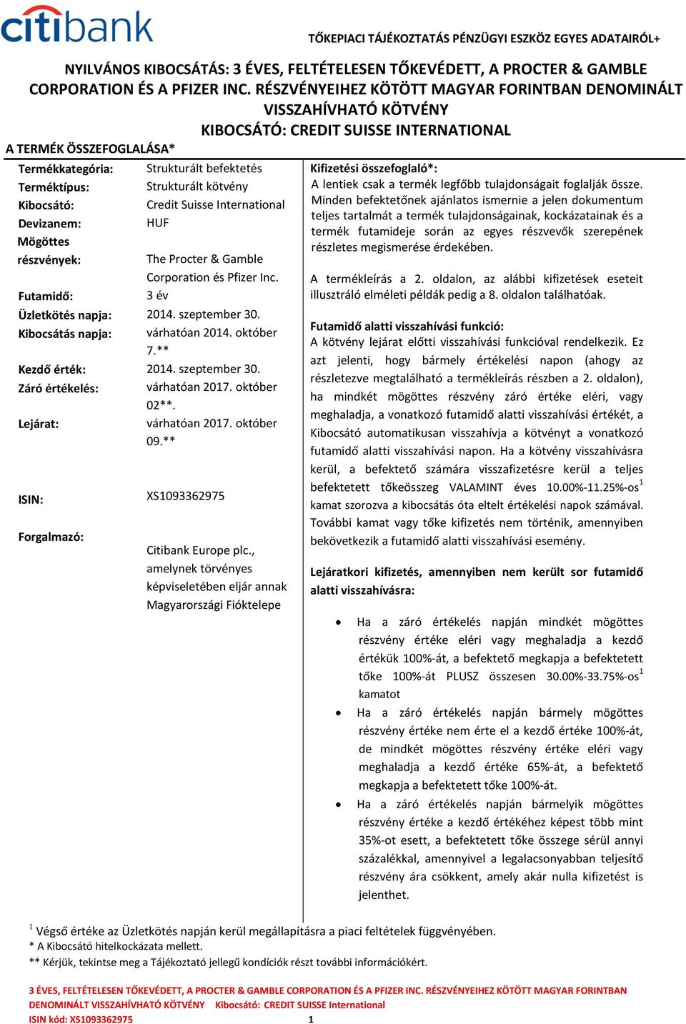 összefoglaló*: Terméktípus: Strukturált kötvény Kibocsátó: Credit Suisse International Devizanem: HUF Mögöttes részvények: Futamidő: Üzletkötés napja: Kibocsátás napja: Kezdő érték: Záró értékelés: