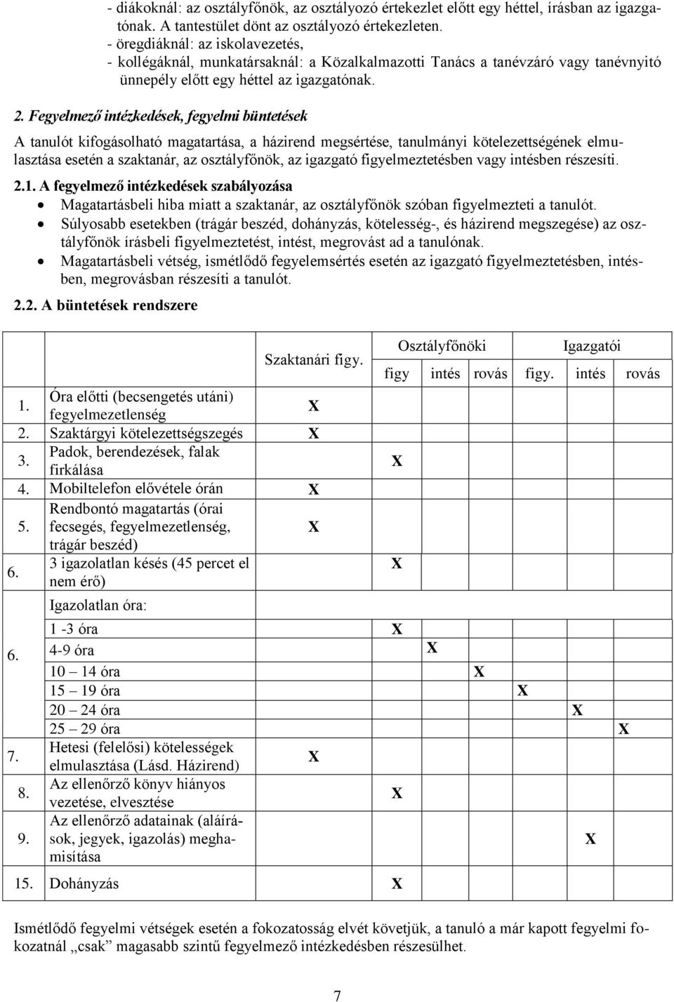 Fegyelmező intézkedések, fegyelmi büntetések A tanulót kifogásolható magatartása, a házirend megsértése, tanulmányi kötelezettségének elmulasztása esetén a szaktanár, az osztályfőnök, az igazgató