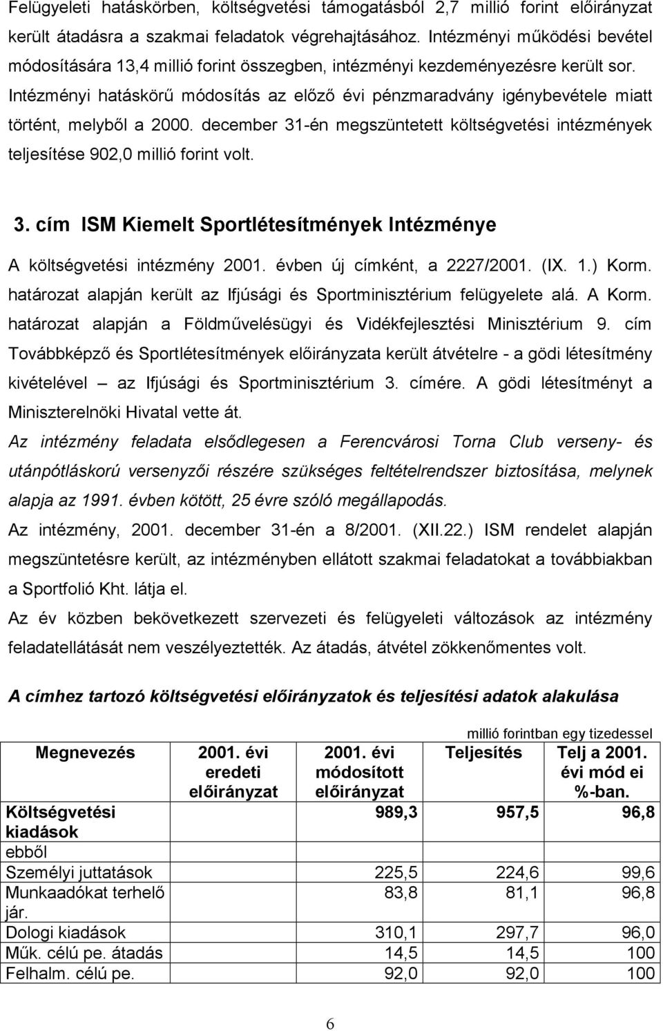 Intézményi hatáskörű módosítás az előző évi pénzmaradvány igénybevétele miatt történt, melyből a 2000. december 31-én megszüntetett költségvetési intézmények teljesítése 902,0 millió forint volt. 3. cím ISM Kiemelt Sportlétesítmények Intézménye A költségvetési intézmény 2001.