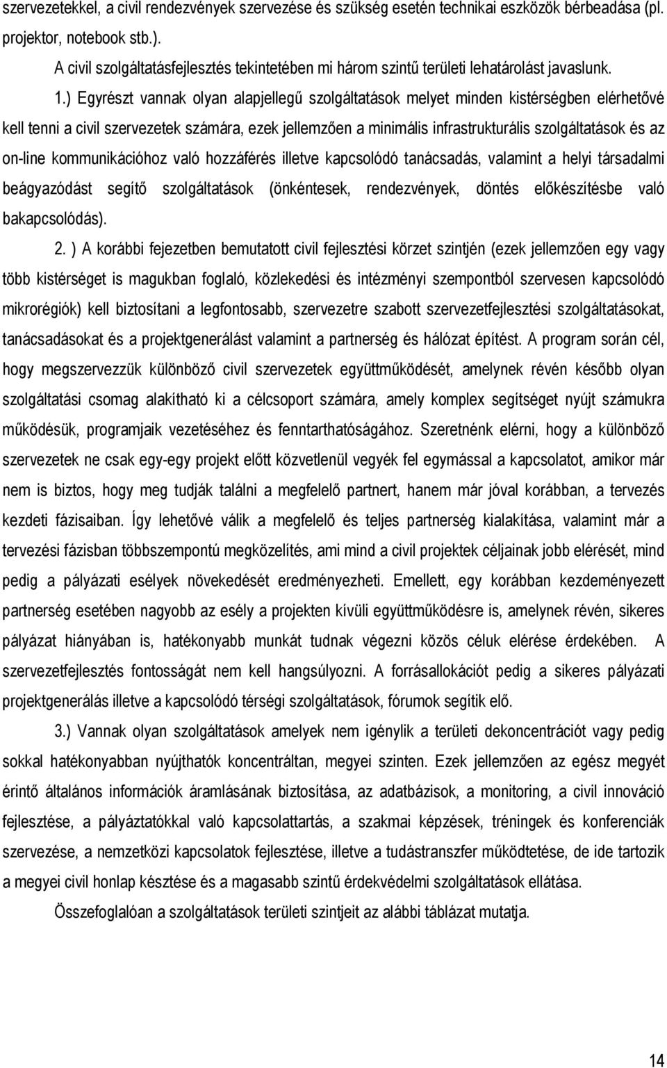 ) Egyrészt vannak olyan alapjellegű szolgáltatások melyet minden kistérségben elérhetővé kell tenni a civil szervezetek számára, ezek jellemzően a minimális infrastrukturális szolgáltatások és az