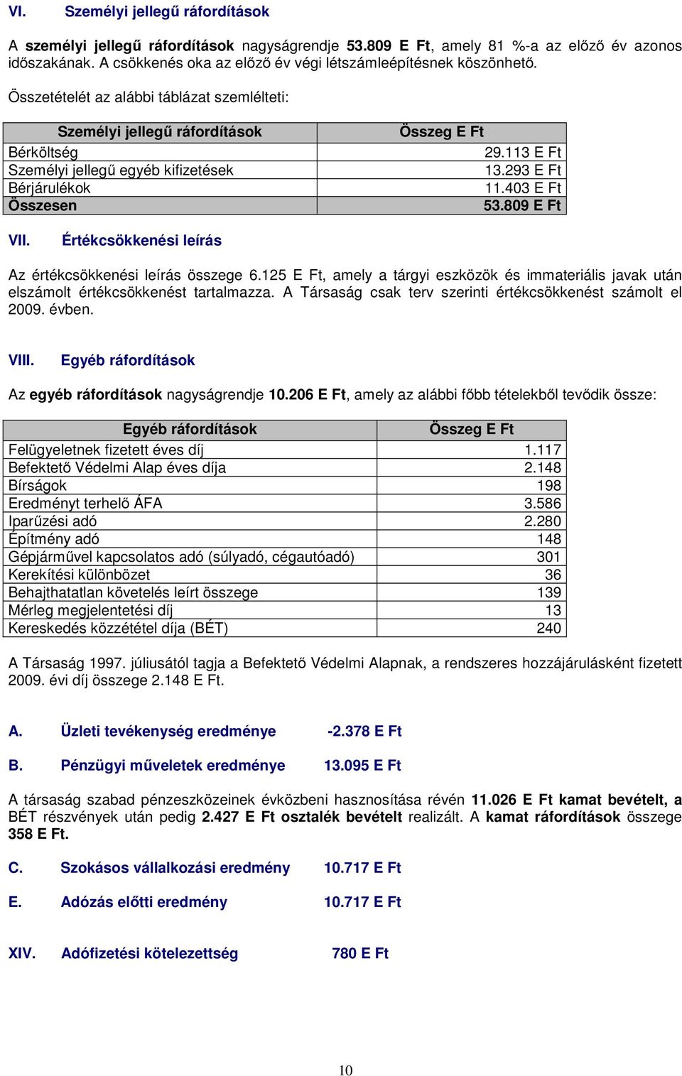 Összetételét az alábbi táblázat szemlélteti: Személyi jellegű ráfordítások Bérköltség Személyi jellegű egyéb kifizetések Bérjárulékok Összesen Összeg E Ft 29.113 E Ft 13.293 E Ft 11.403 E Ft 53.