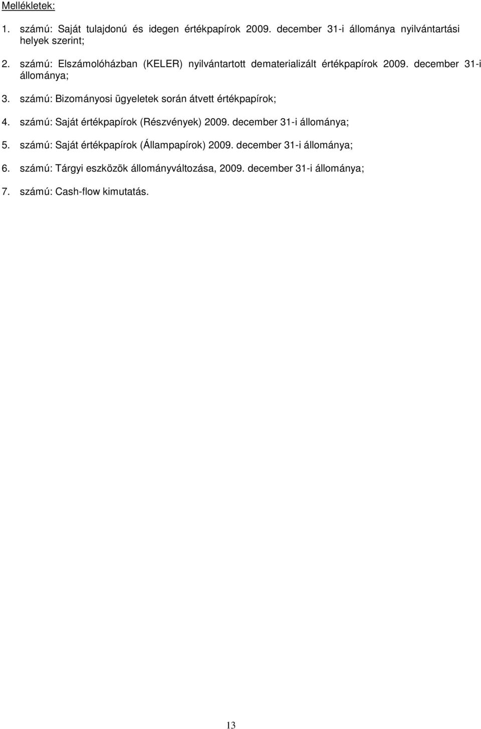 számú: Bizományosi ügyeletek során átvett értékpapírok; 4. számú: Saját értékpapírok (Részvények) 2009. december 31-i állománya; 5.