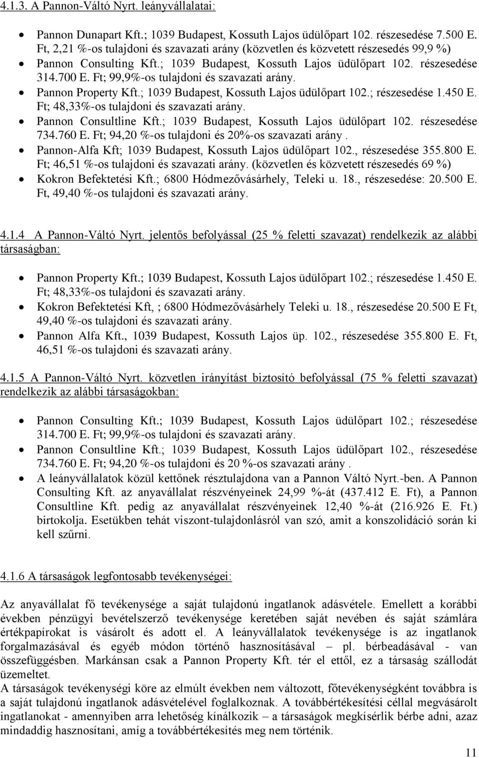 Ft; 99,9%-os tulajdoni és szavazati arány. Pannon Property Kft.; 1039 Budapest, Kossuth Lajos üdülőpart 102.; részesedése 1.450 E. Ft; 48,33%-os tulajdoni és szavazati arány. Pannon Consultline Kft.