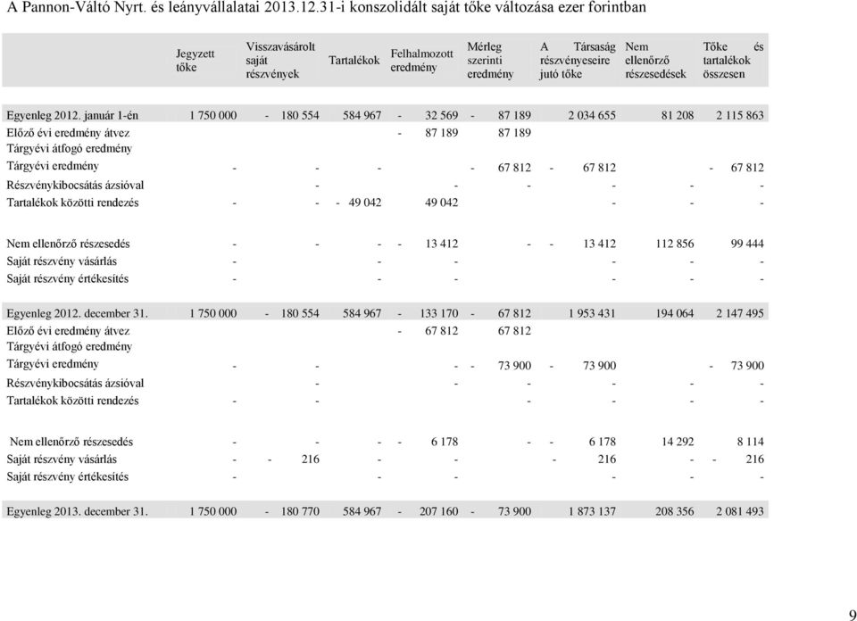 ellenőrző részesedések Tőke és tartalékok összesen Egyenleg 2012.