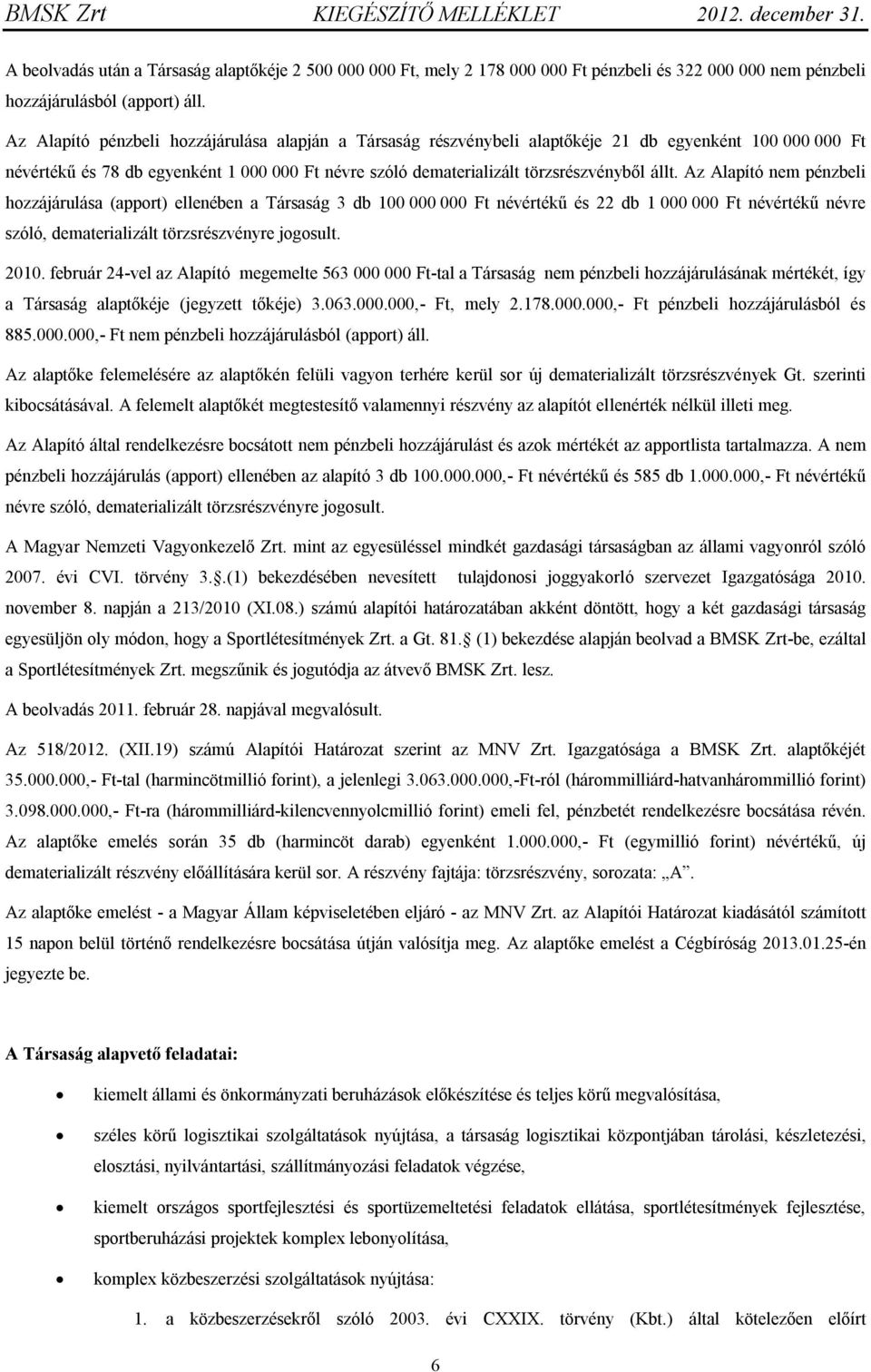 Az Alapító nem pénzbeli hozzájárulása (apport) ellenében a Társaság 3 db 100 000 000 Ft névértékű és 22 db 1 000 000 Ft névértékű névre szóló, dematerializált törzsrészvényre jogosult. 2010.