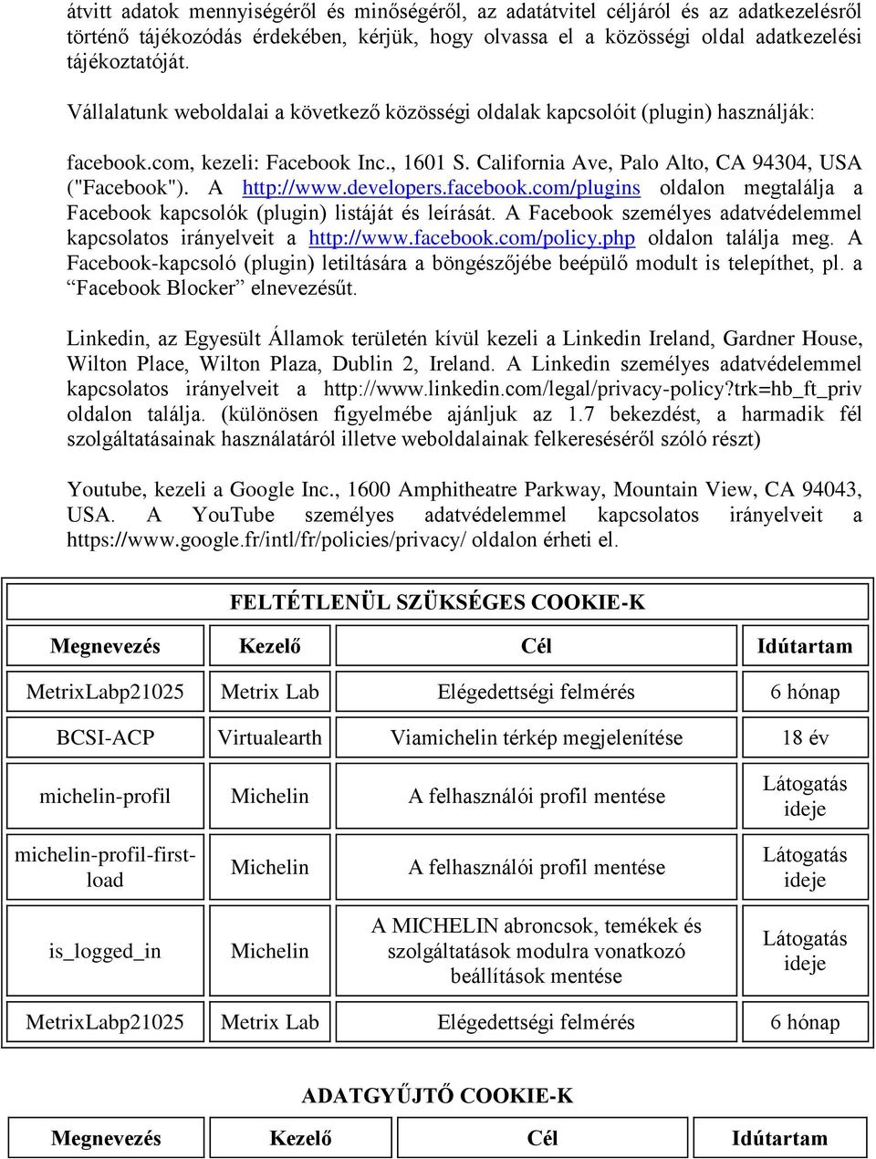 developers.facebook.com/plugins oldalon megtalálja a Facebook kapcsolók (plugin) listáját és leírását. A Facebook személyes adatvédelemmel kapcsolatos irányelveit a http://www.facebook.com/policy.