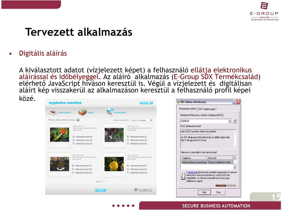 Az aláíró alkalmazás (E-Group SDX Termékcsalád) elérhető JavaScript híváson keresztül is.