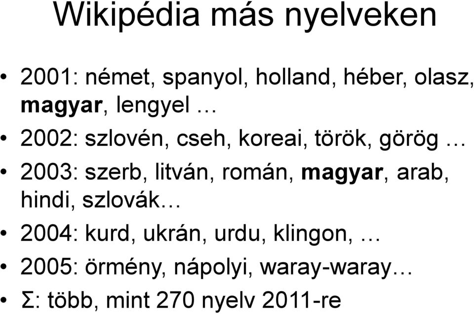 litván, román, magyar, arab, hindi, szlovák 2004: kurd, ukrán, urdu,