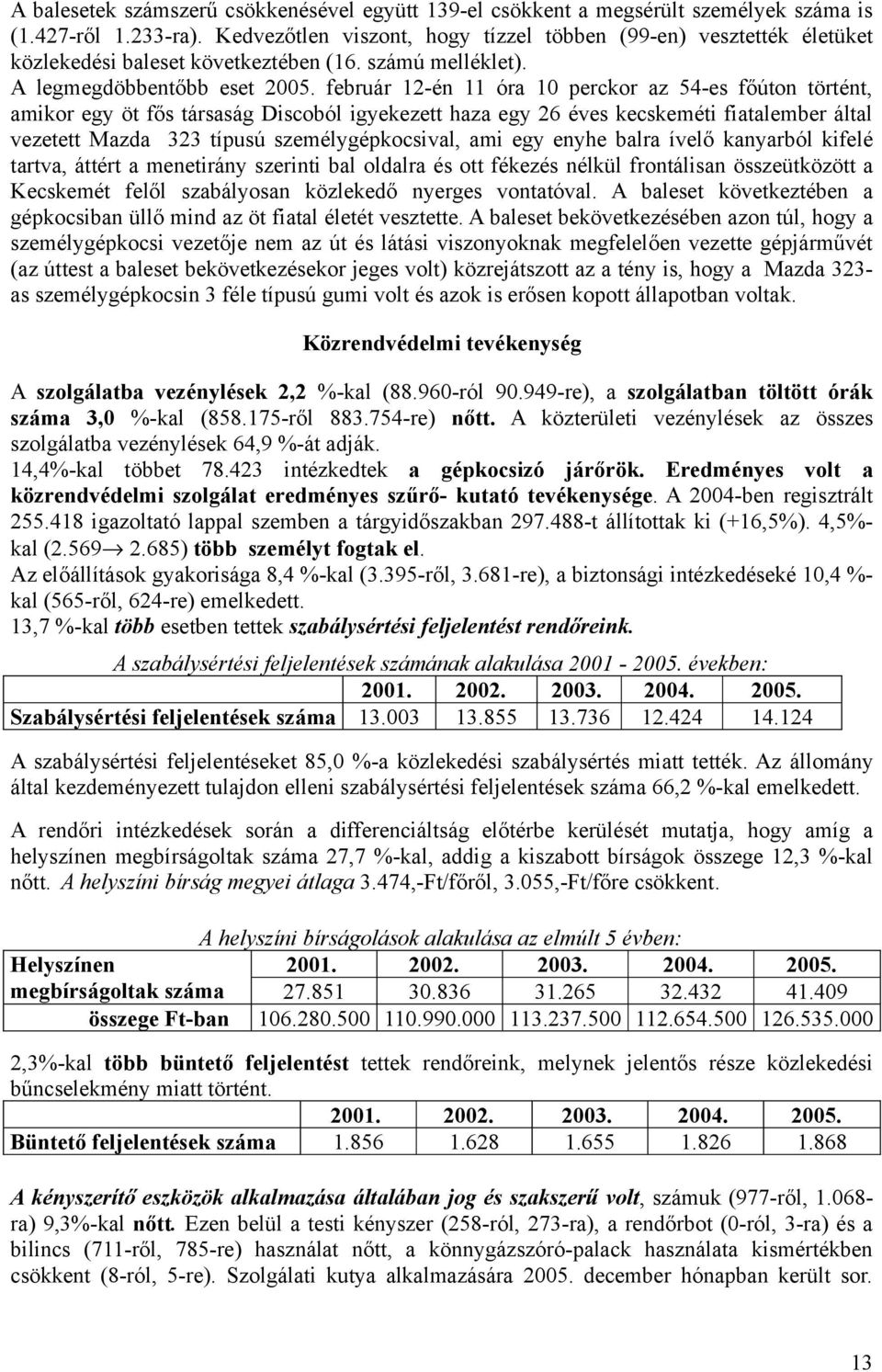 február 12-én 11 óra 10 perckor az 54-es főúton történt, amikor egy öt fős társaság Discoból igyekezett haza egy 26 éves kecskeméti fiatalember által vezetett Mazda 323 típusú személygépkocsival, ami