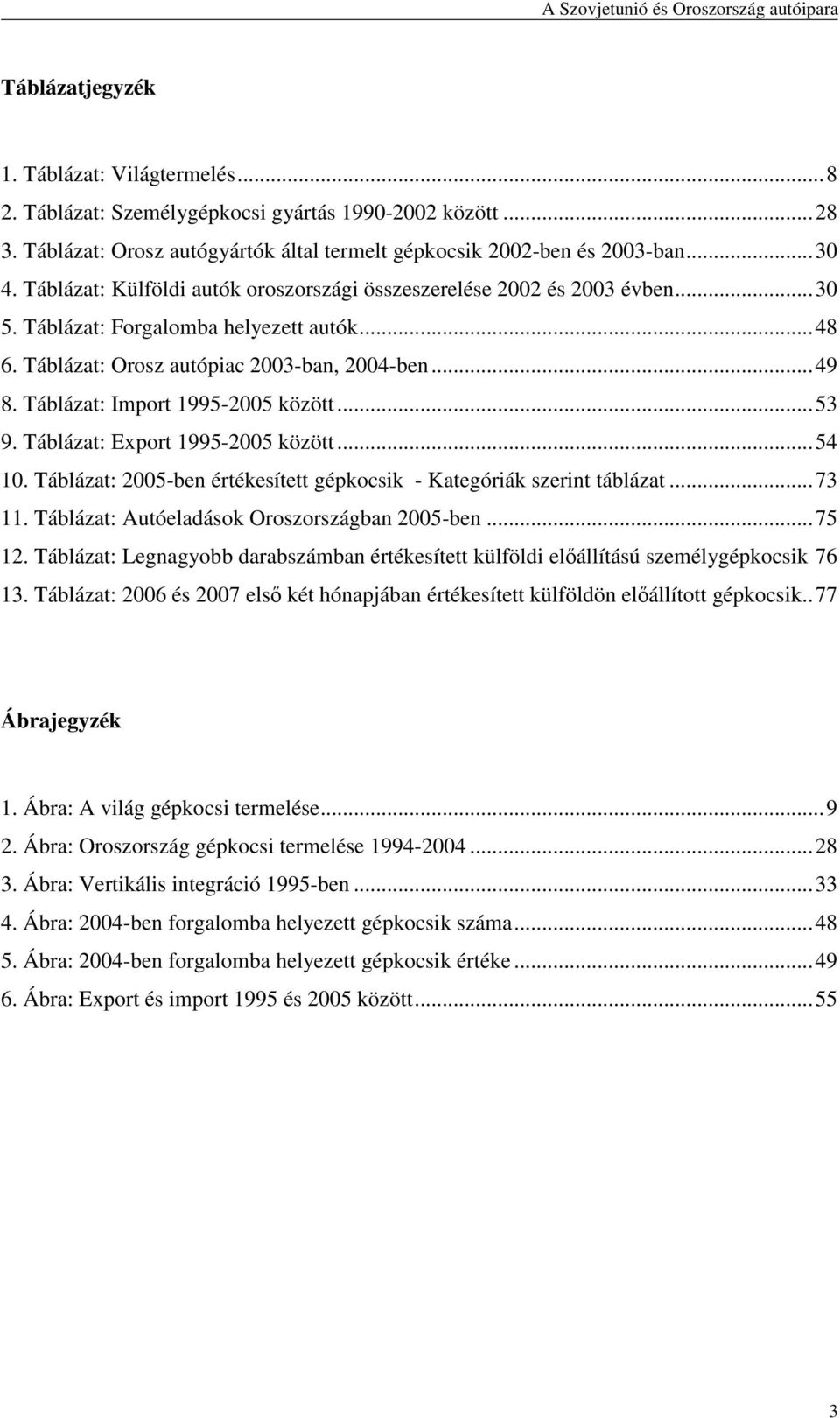 Táblázat: Import 1995-2005 között...53 9. Táblázat: Export 1995-2005 között...54 10. Táblázat: 2005-ben értékesített gépkocsik - Kategóriák szerint táblázat...73 11.