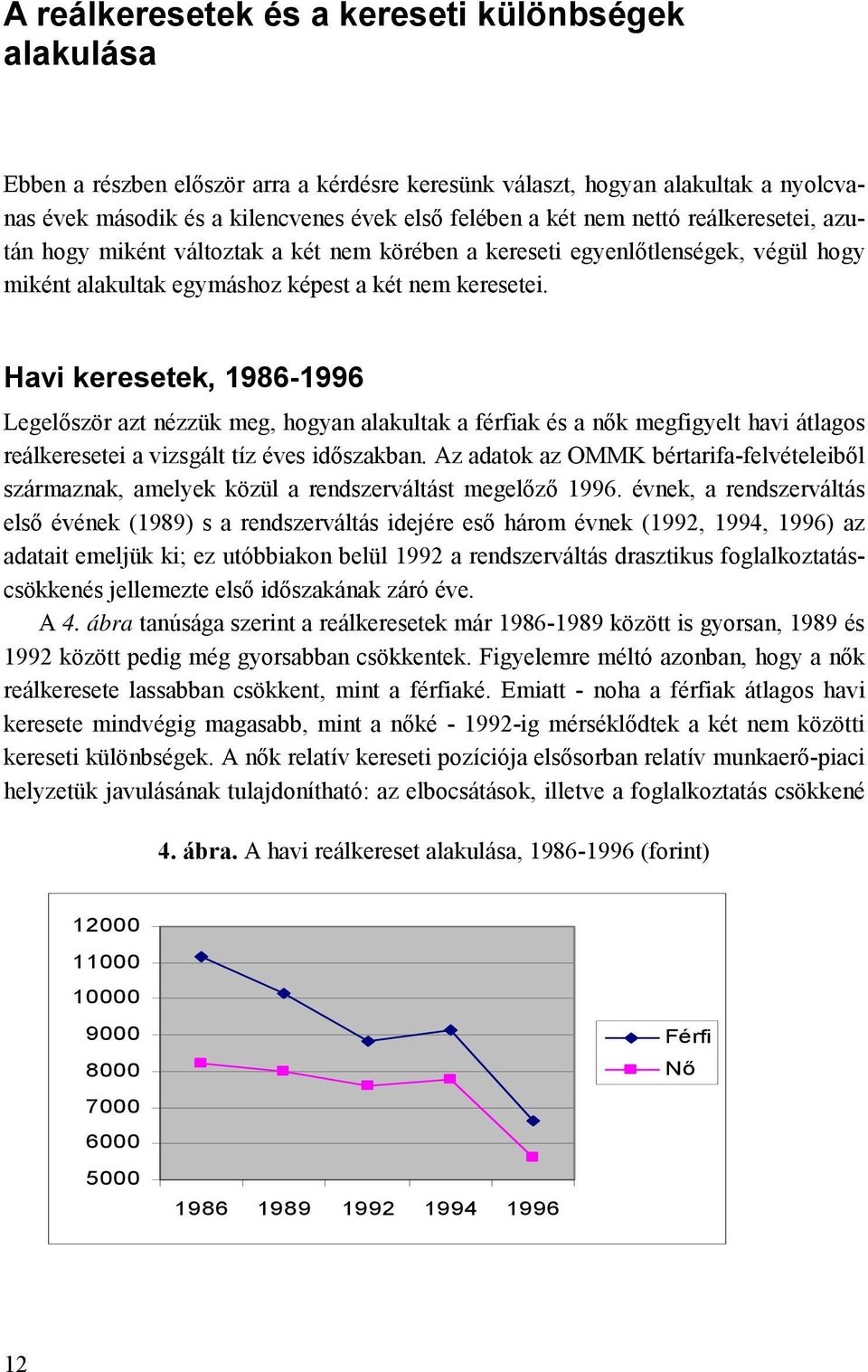 Havi keresetek, 1986-1996 Legelőször azt nézzük meg, hogyan alakultak a férfiak és a nők megfigyelt havi átlagos reálkeresetei a vizsgált tíz éves időszakban.